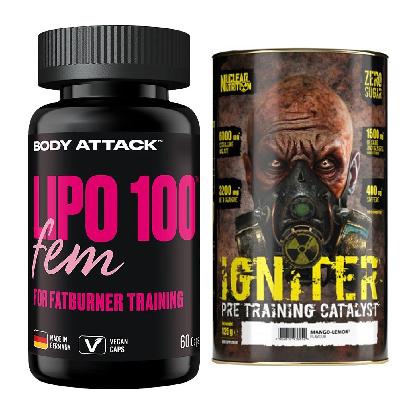 Diät-Duo: Body Attack Lipo 100 Fem + Nuclear Nutrition IGNITER Booster – alle enthaltenen Artikel