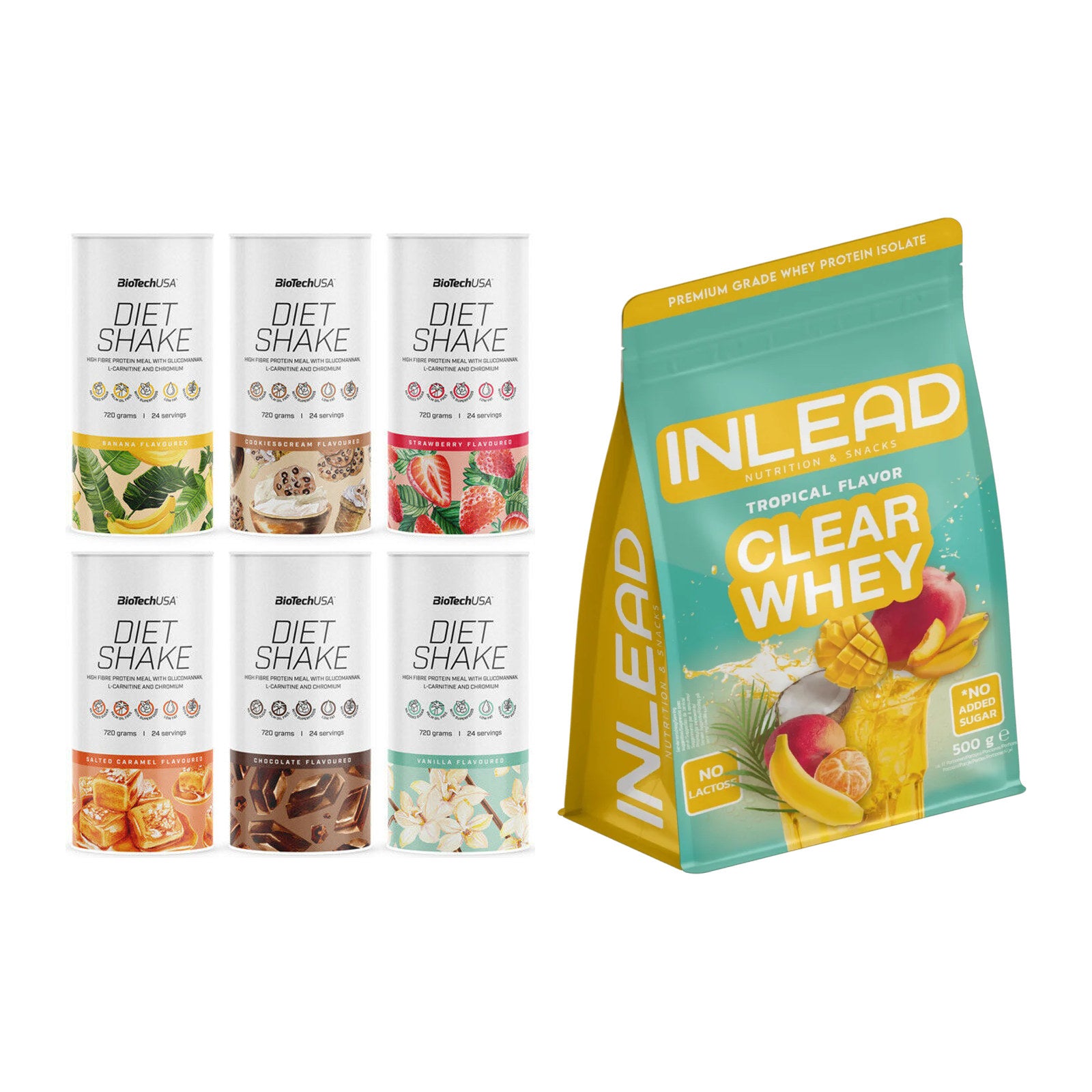 Diät-Duo: BioTech Diet Shake + INLEAD Clear Whey Isolate – alle enthaltenen Artikel