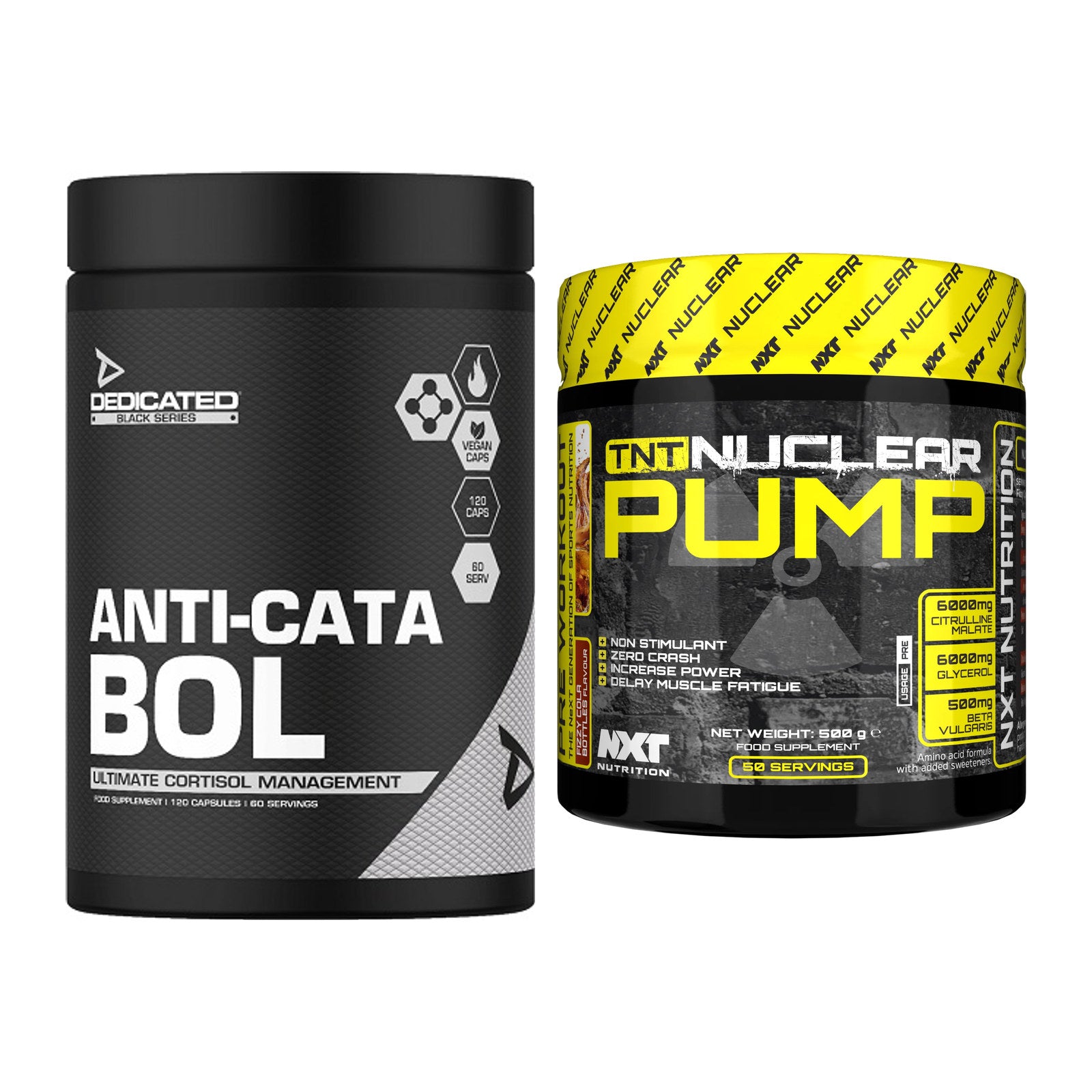 Diät-Duo: Dedicated Anti-Cata-Bol + NXT Nutrition TNT Nuclear Pump – alle enthaltenen Artikel