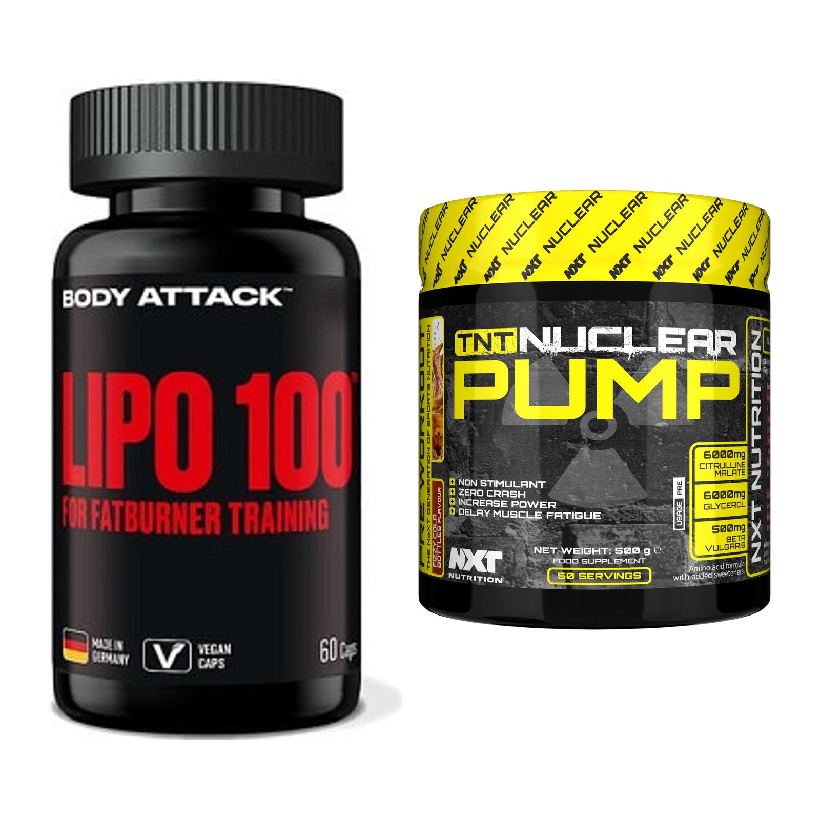 Diät-Duo: Body Attack Lipo 100 + NXT Nutrition TNT Nuclear Pump – alle enthaltenen Artikel