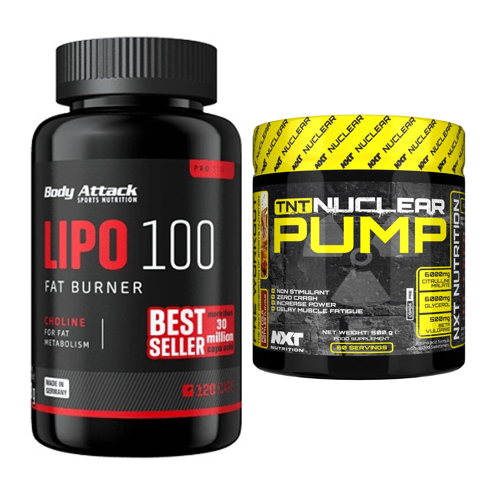Diät-Duo: Body Attack Lipo 100 (120 + NXT Nutrition TNT Nuclear – alle enthaltenen Artikel