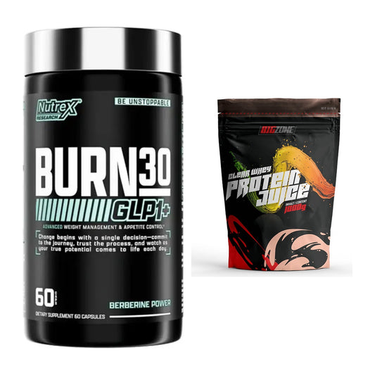 Diät-Duo: Nutrex Burn 30 GLP1+ Control + Big Zone Clear Whey Protein – alle enthaltenen Artikel
