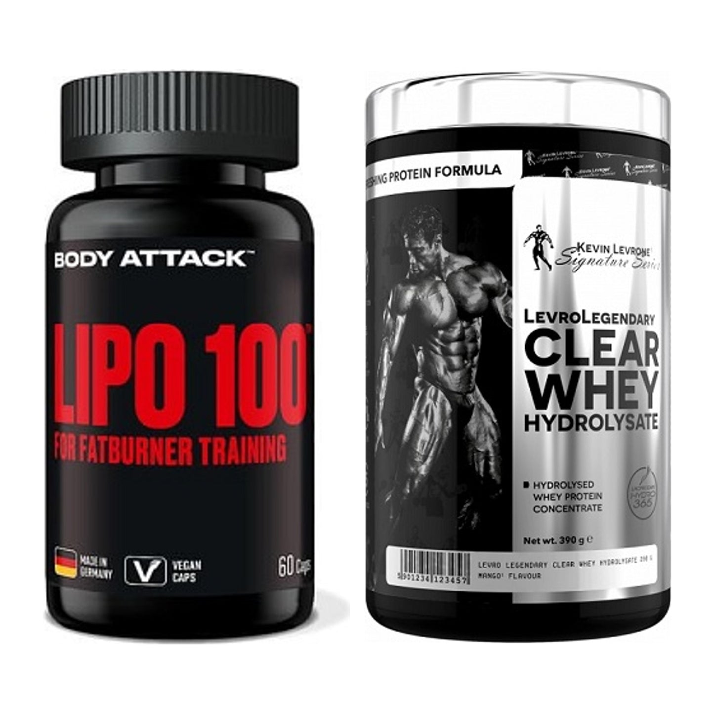 Diät-Duo: Body Attack Lipo 100 + Kevin Levrone Clear Whey – alle enthaltenen Artikel