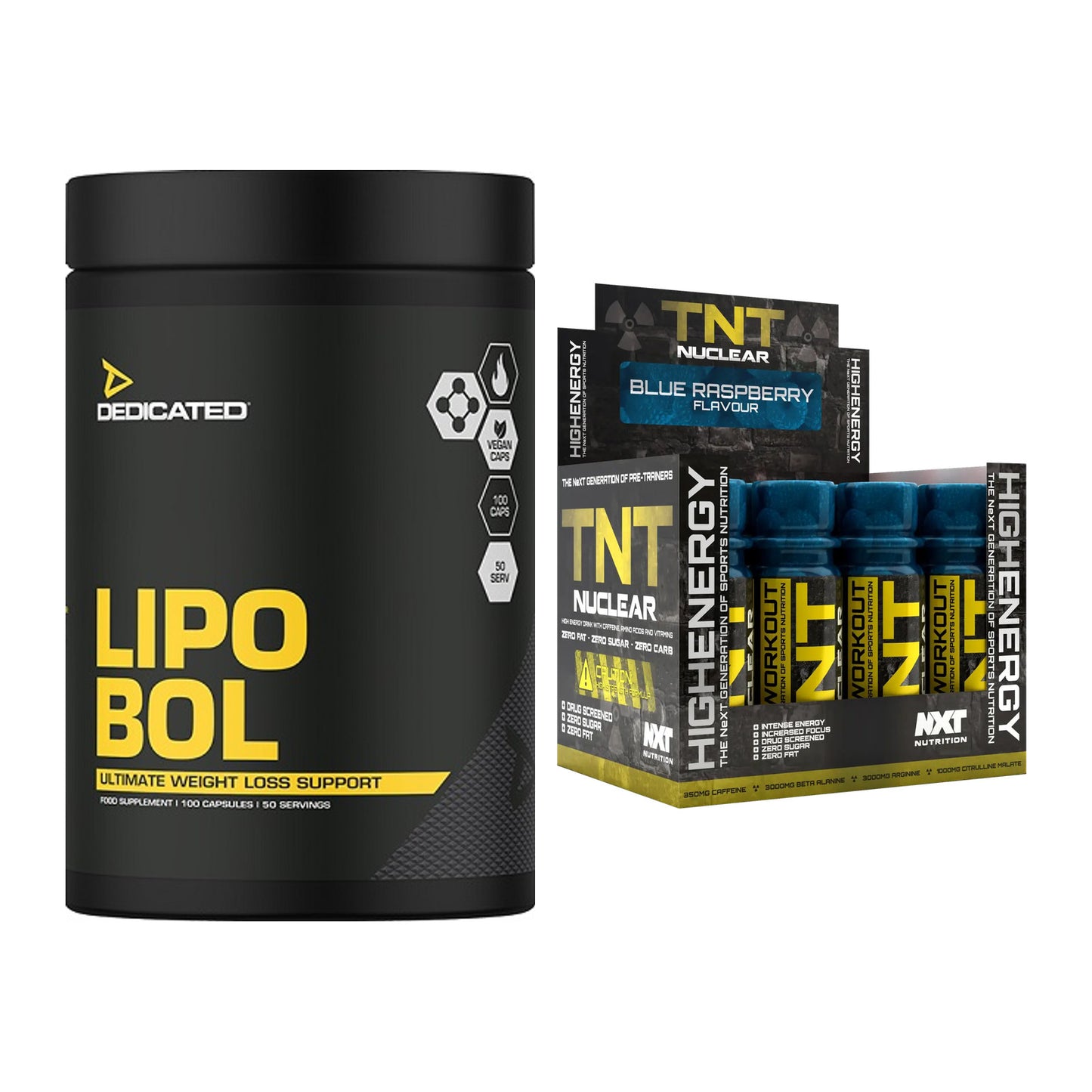Diät-Duo: Dedicated Lipo-Bol + NXT Nutrition TNT Nuclear Shots – alle enthaltenen Artikel