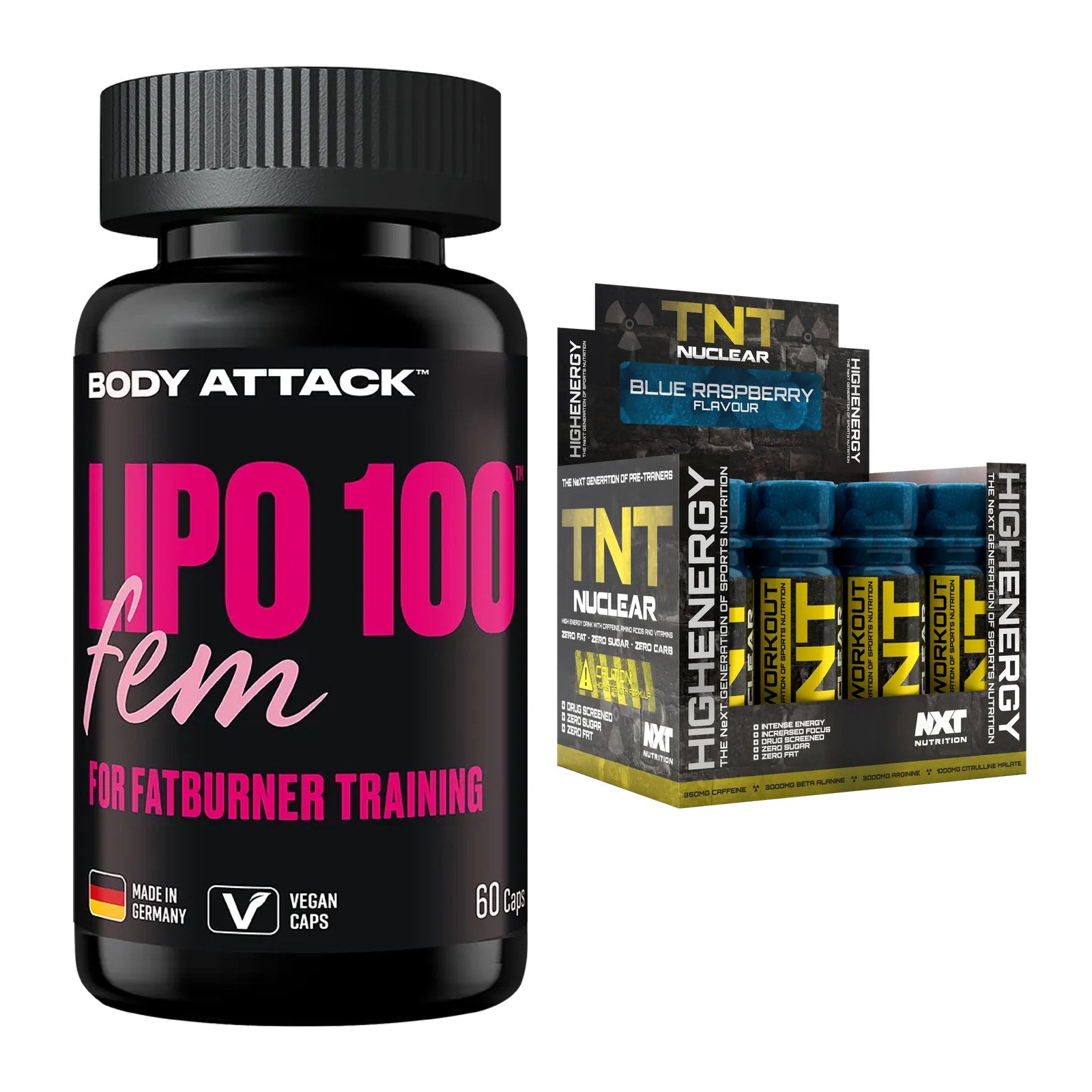 Diät-Duo: Body Attack Lipo 100 Fem + NXT Nutrition TNT Nuclear Shots – alle enthaltenen Artikel