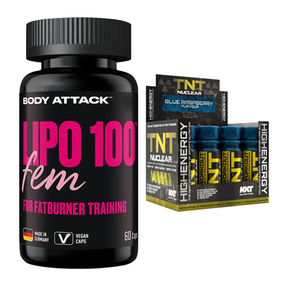 Diät-Duo: Body Attack Lipo 100 Fem + NXT Nutrition TNT Nuclear Shots – alle enthaltenen Artikel
