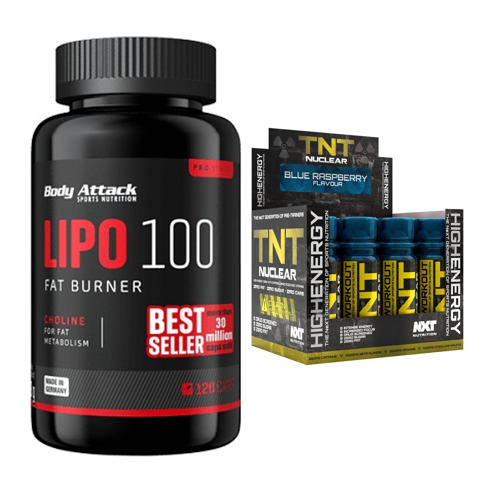 Diät-Duo: Body Attack Lipo 100 (120 + NXT Nutrition TNT Nuclear – alle enthaltenen Artikel
