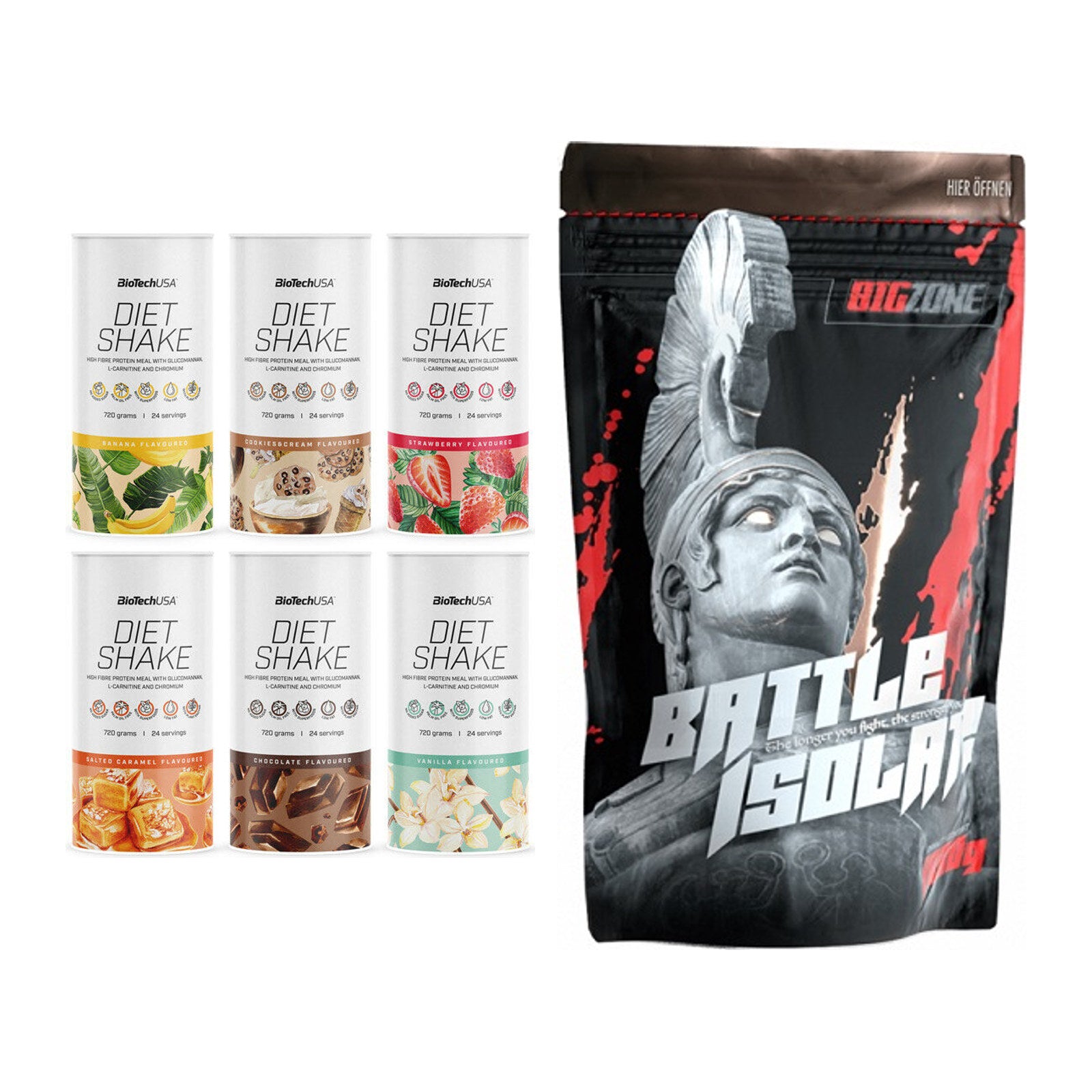 Diät-Duo: BioTech Diet Shake + Big Zone Battle Isolate – alle enthaltenen Artikel