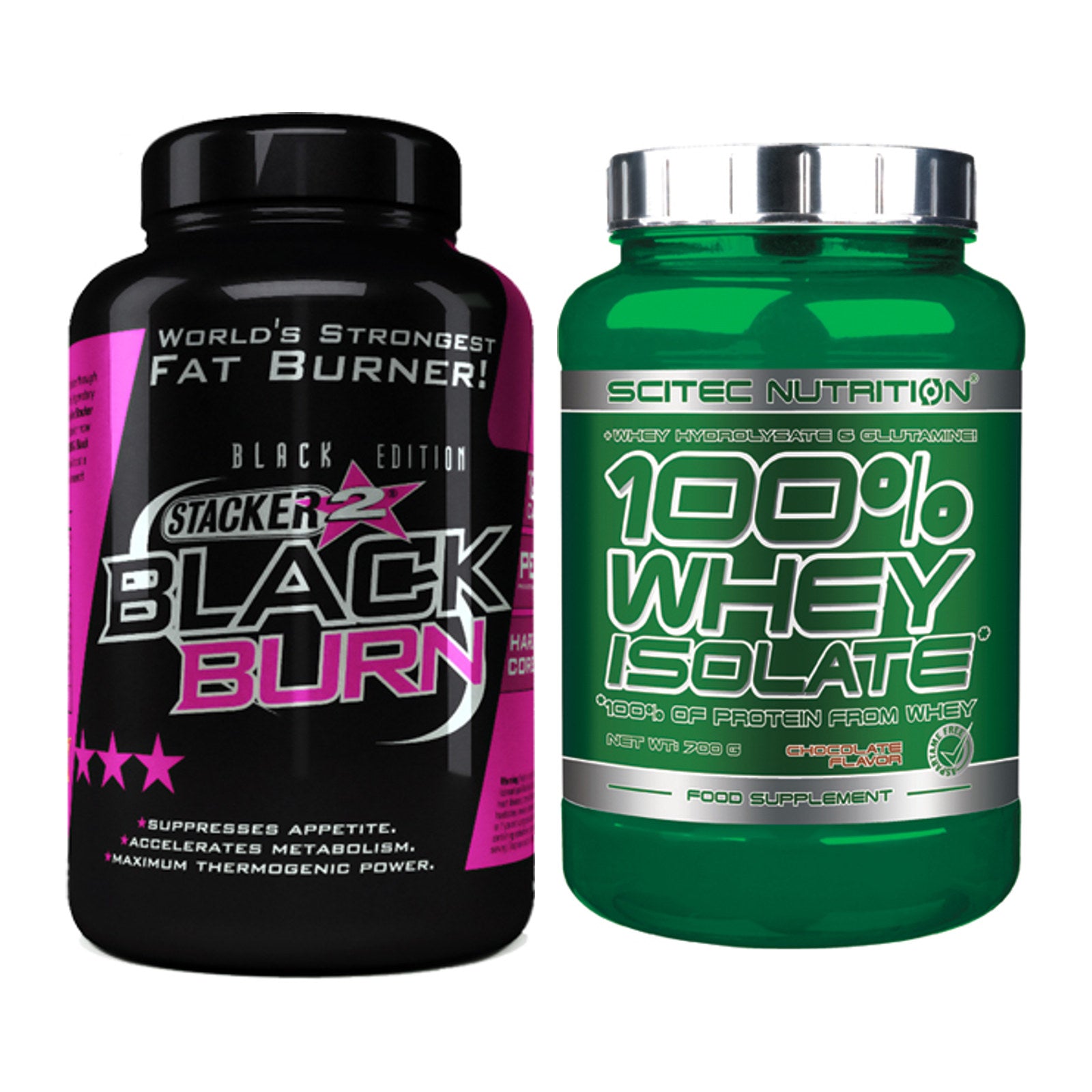 Diät-Duo: Stacker2 Black Burn Fatburner + Scitec Whey Isolate – alle enthaltenen Artikel