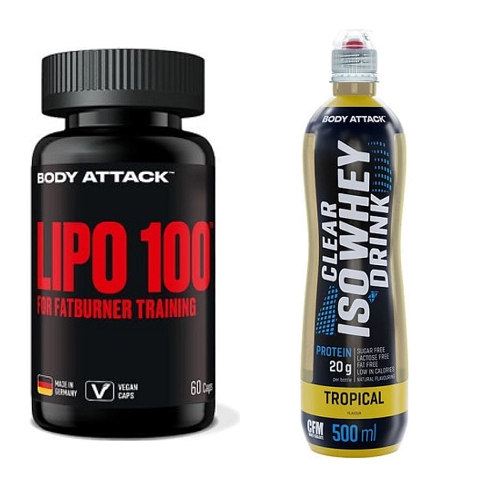 Diät-Duo: Body Attack Lipo 100 + Body Attack Clear Iso Whey Drink – alle enthaltenen Artikel