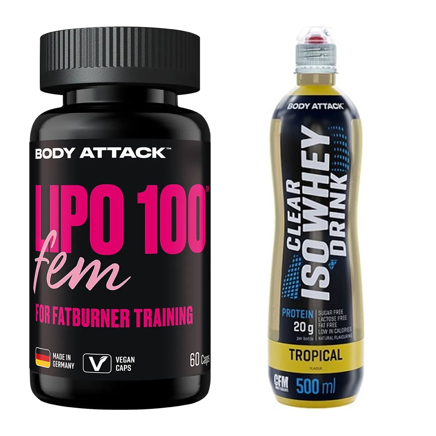 Diät-Duo: Body Attack Lipo 100 Fem + Body Attack Clear Iso Whey Drink – alle enthaltenen Artikel