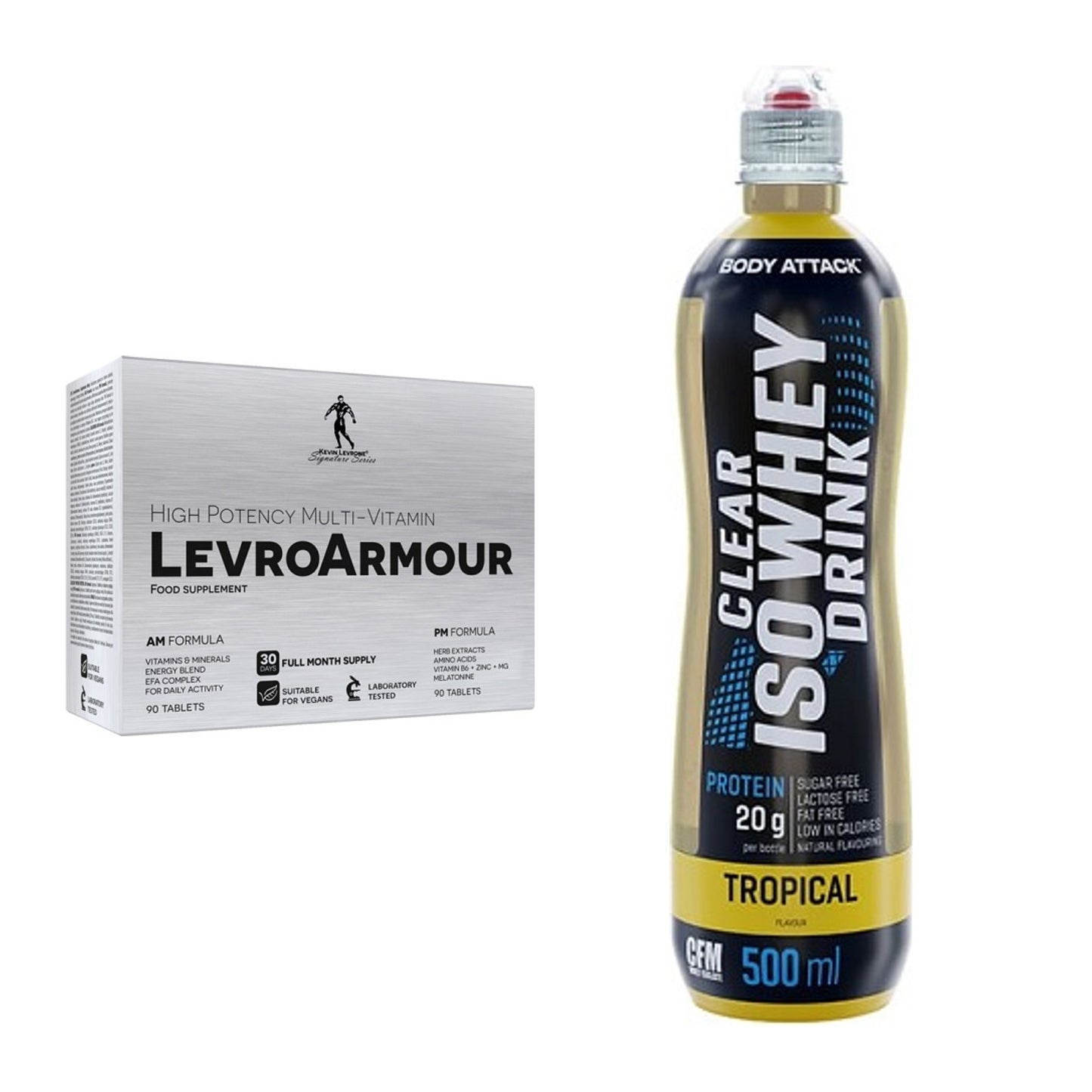 Diät-Duo: Kevin Levrone Levro Armour + Body Attack Clear Iso Whey – alle enthaltenen Artikel