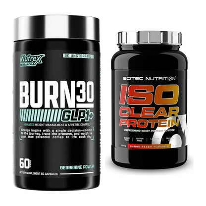 Diät-Duo: Nutrex Burn 30 GLP1+ Control + Scitec IsoClear Protein – alle enthaltenen Artikel