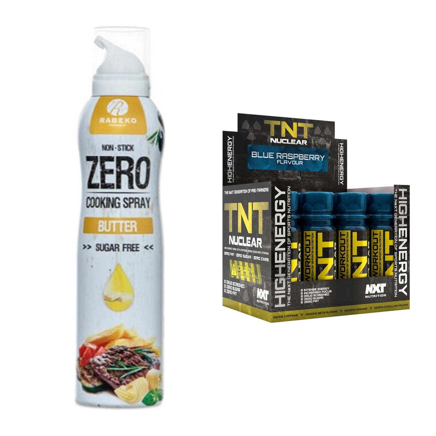 Diät-Duo: Rabeko Zero Cooking Spray + NXT Nutrition TNT Nuclear Shots – alle enthaltenen Artikel