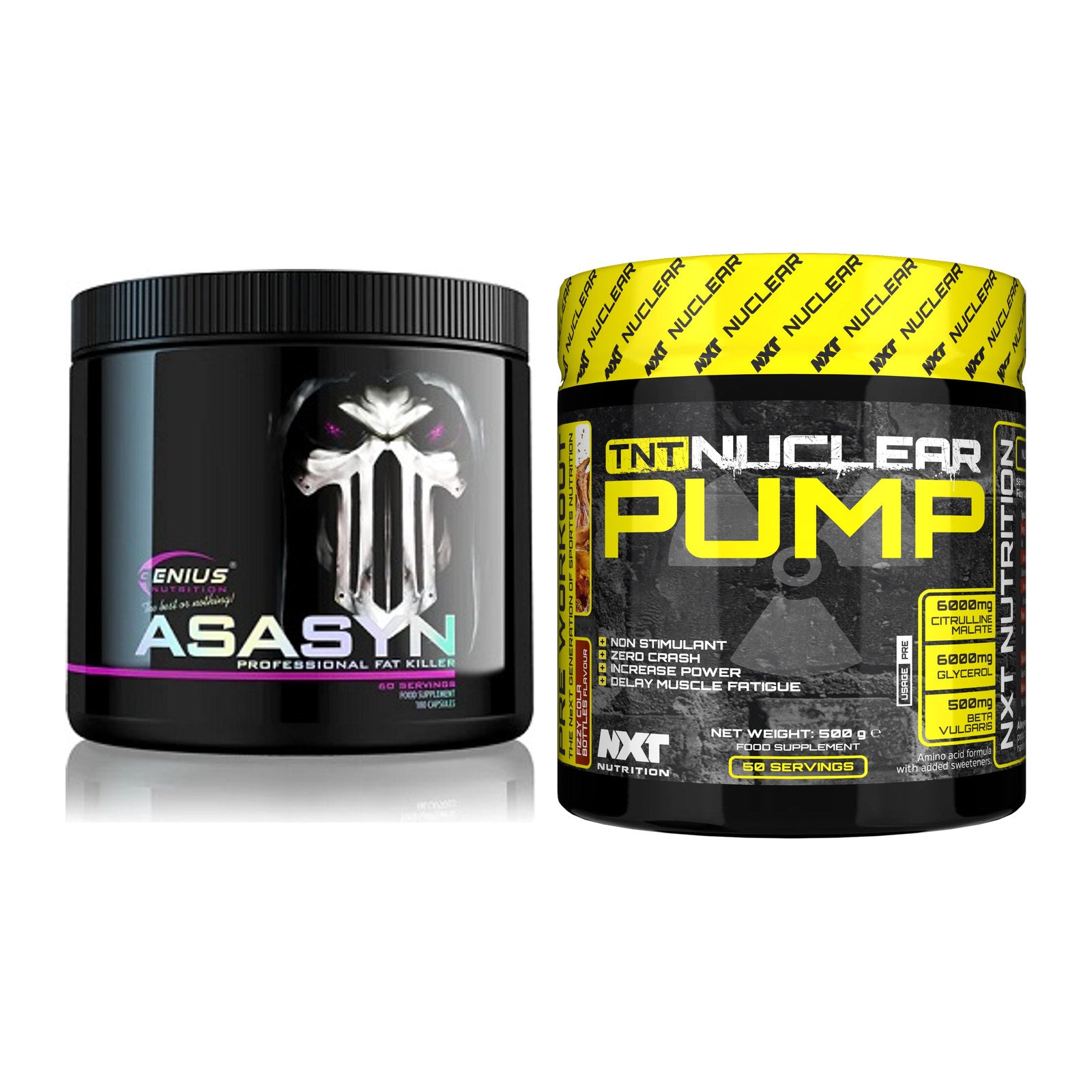 Diät-Duo: Genius Nutrition Asasyn + NXT Nutrition TNT Nuclear Pump – alle enthaltenen Artikel