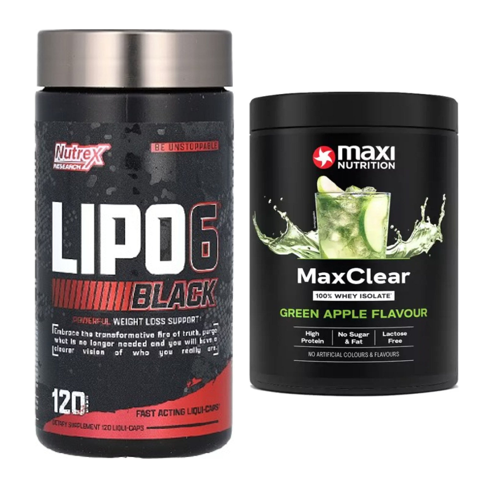 Diät-Duo: Nutrex Lipo 6 black 120 + MaxiNutrition MaxClear 100% – alle enthaltenen Artikel