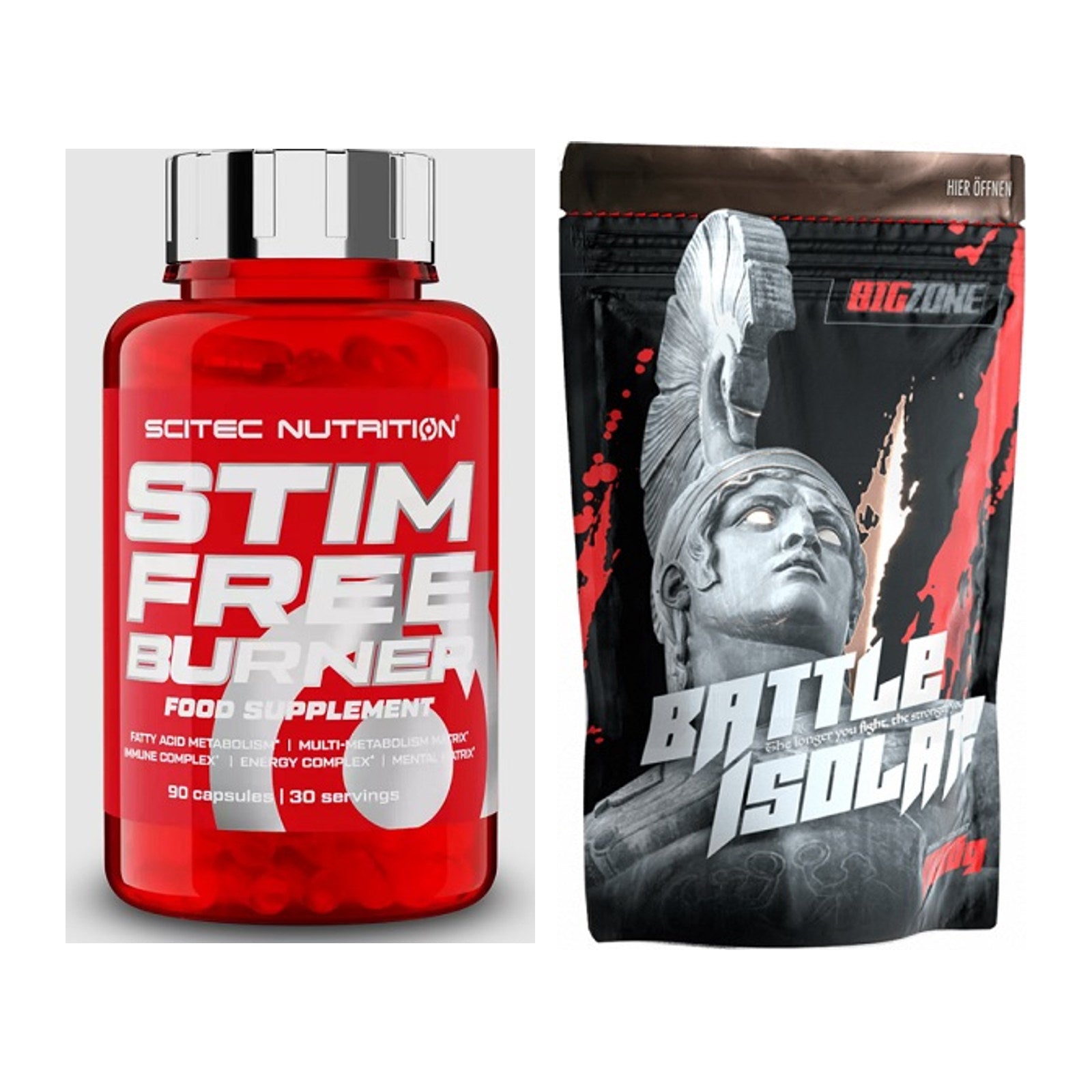Diät-Duo: Scitec Stim Free Burner + Big Zone Battle Isolate – alle enthaltenen Artikel