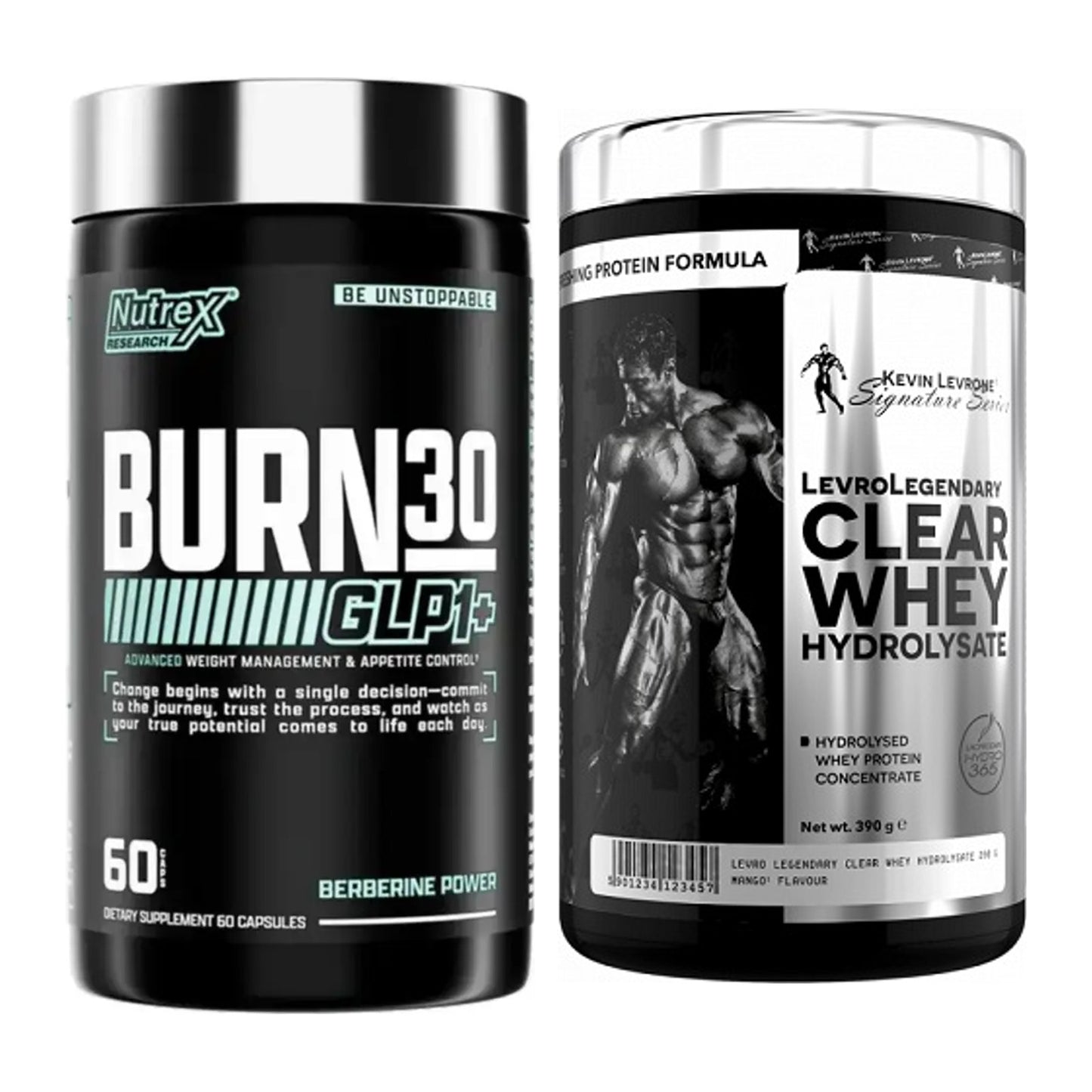 Diät-Duo: Nutrex Burn 30 GLP1+ Control + Kevin Levrone Clear Whey – alle enthaltenen Artikel