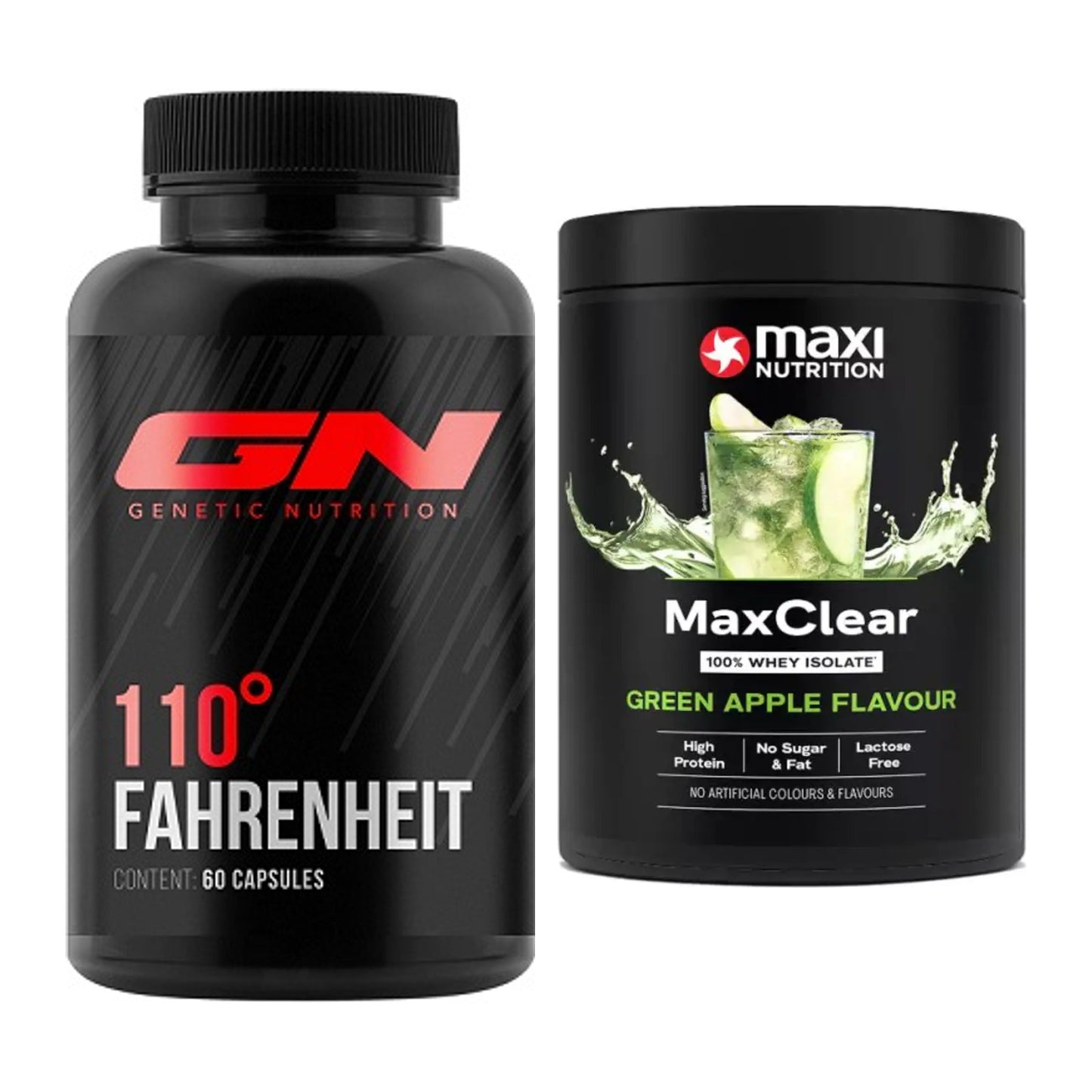 Diät-Duo: GN 110 Fahrenheit Burner + MaxiNutrition MaxClear 100% Clear – alle enthaltenen Artikel