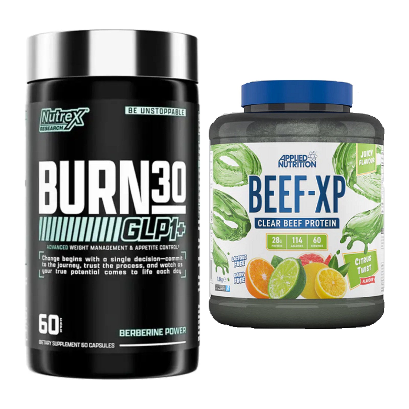 Diät-Duo: Nutrex Burn 30 GLP1+ Control + Applied Nutrition Clear Beef – alle enthaltenen Artikel