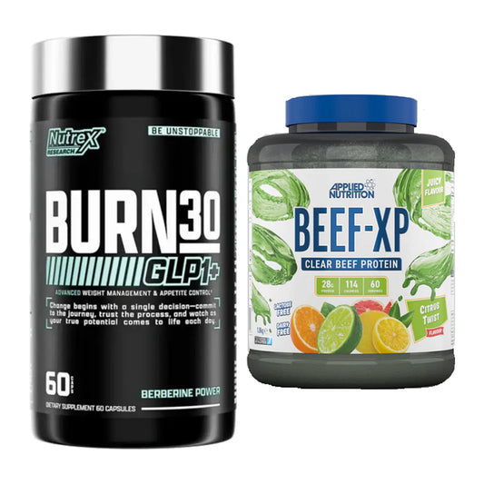 Diät-Duo: Nutrex Burn 30 GLP1+ Control + Applied Nutrition Clear Beef – alle enthaltenen Artikel