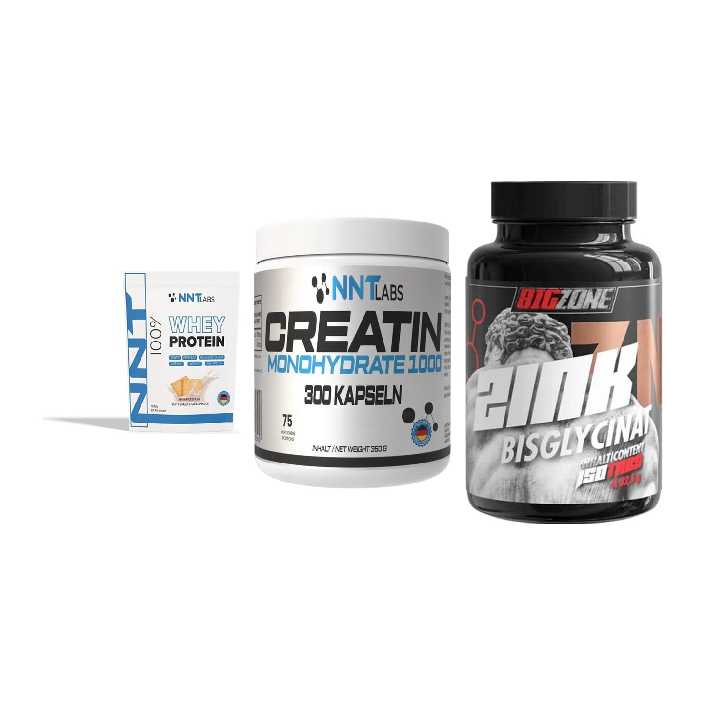 Einsteiger-Set: NNT Whey + NNT Creatin 1000 + Big Zone Zink – alle enthaltenen Artikel