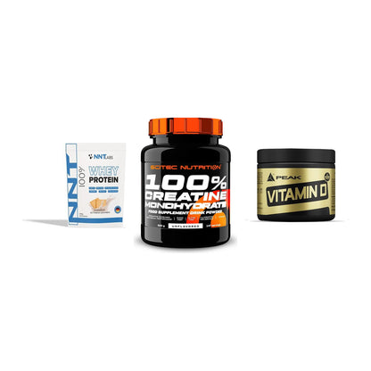 Einsteiger-Set: NNT Whey + Scitec Creatine + Peak Vitamin D – alle enthaltenen Artikel