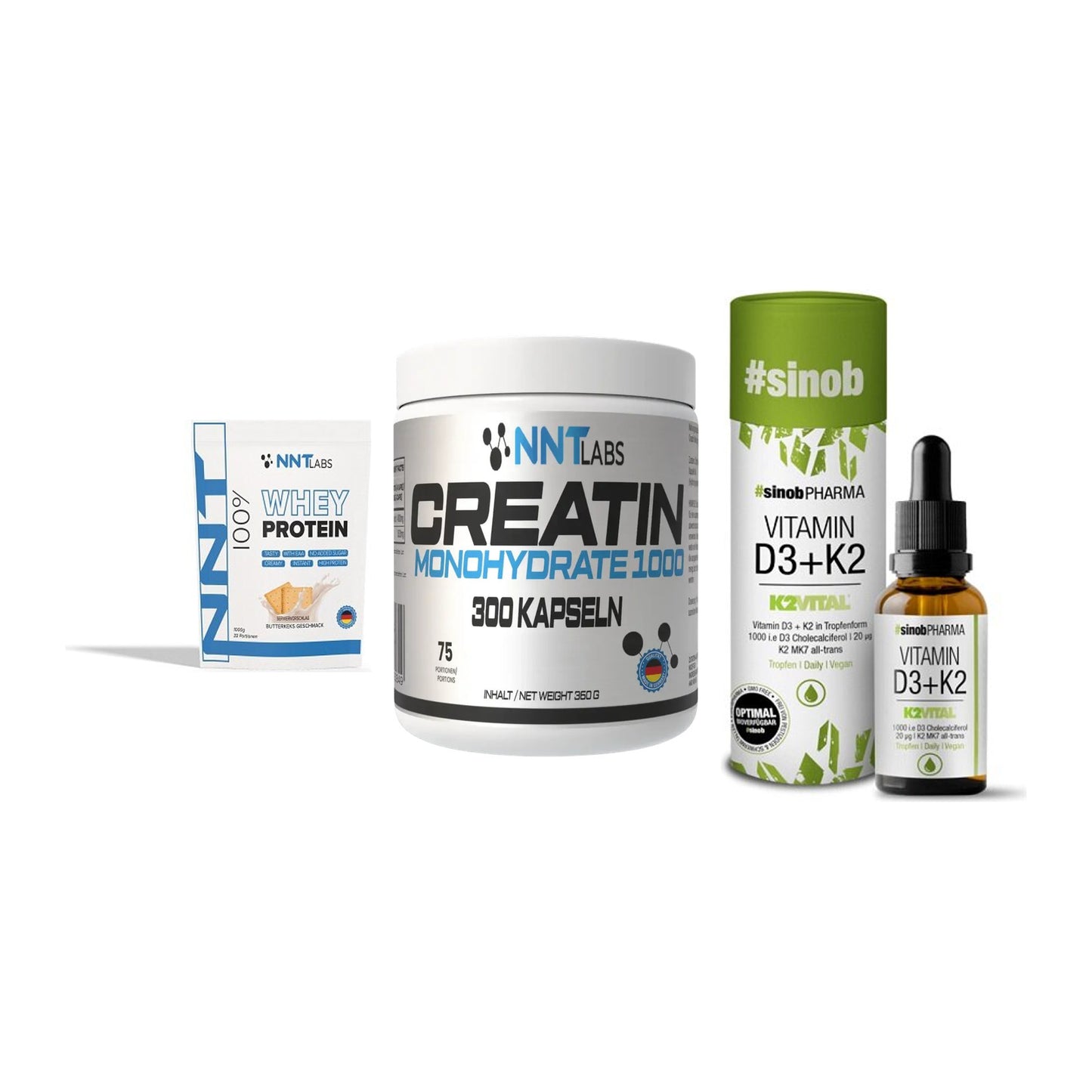 Einsteiger-Set: NNT Whey + NNT Creatin 1000 + Sinob Vitamin D3 – alle enthaltenen Artikel