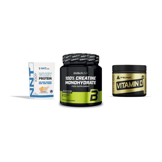 Einsteiger-Set: NNT Whey + BioTech Creatine + Peak Vitamin D – alle enthaltenen Artikel