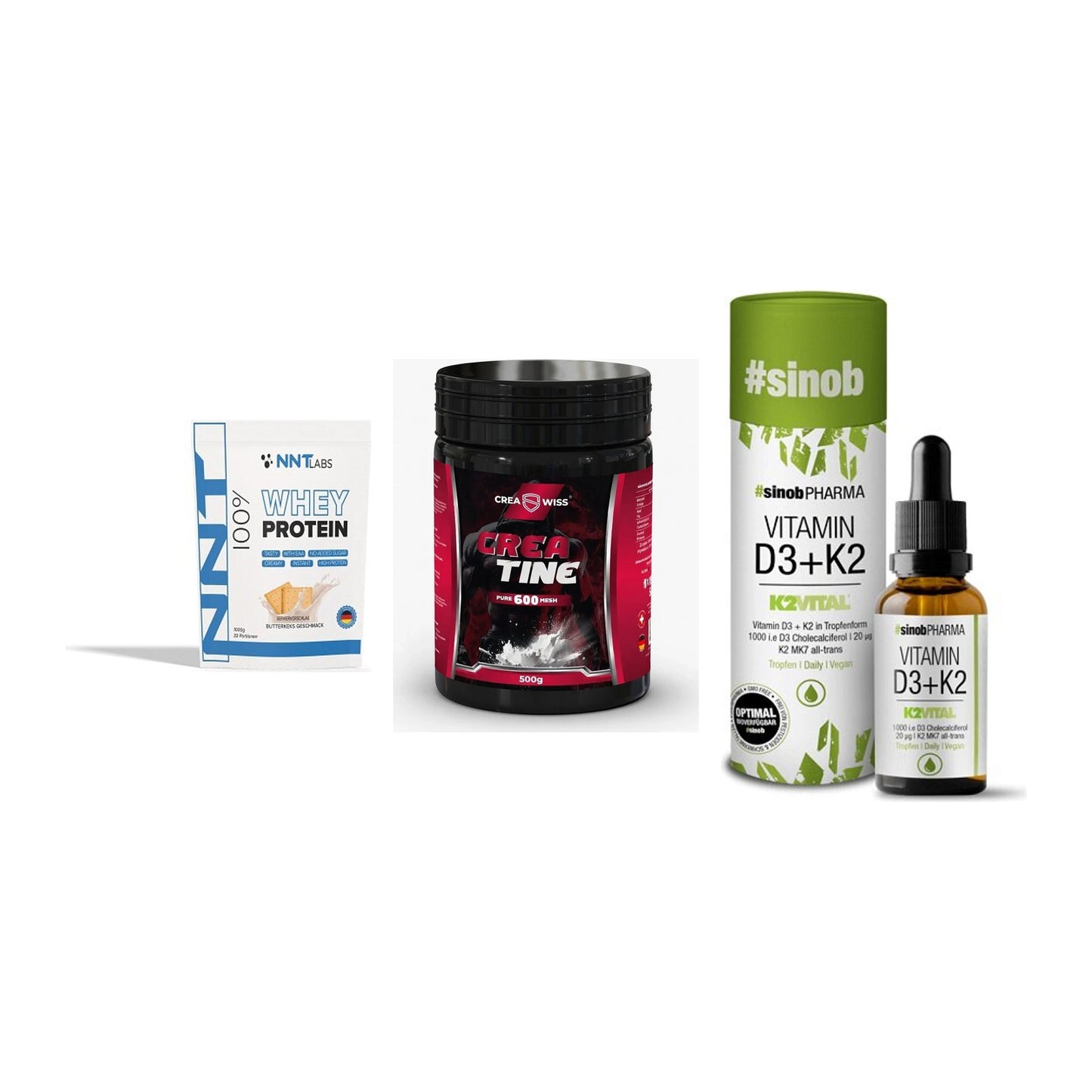 Einsteiger-Set: NNT Whey + CREASWISS + Sinob Vitamin D3 – alle enthaltenen Artikel