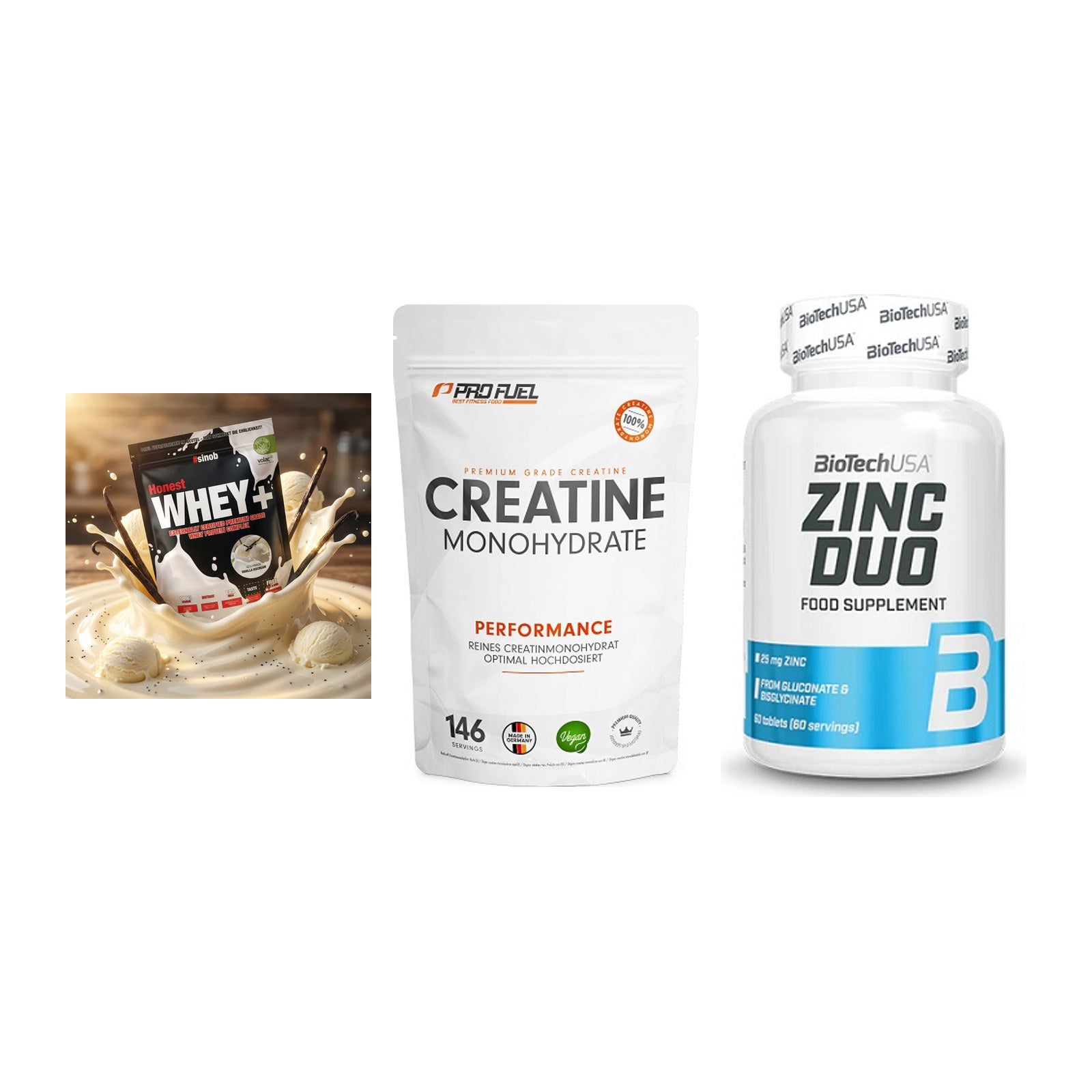 Einsteiger-Set: Sinob Honest + ProFuel Creatine + BioTech Zinc Duo – alle enthaltenen Artikel