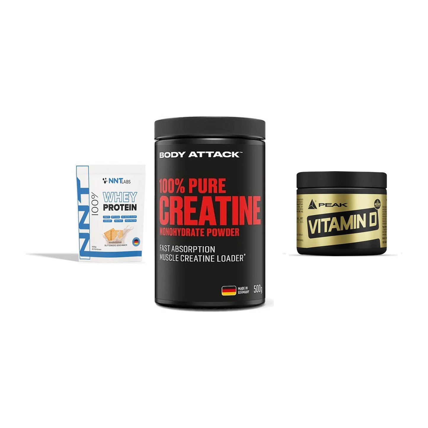Einsteiger-Set: NNT Whey + Body Attack 100% + Peak Vitamin D – alle enthaltenen Artikel