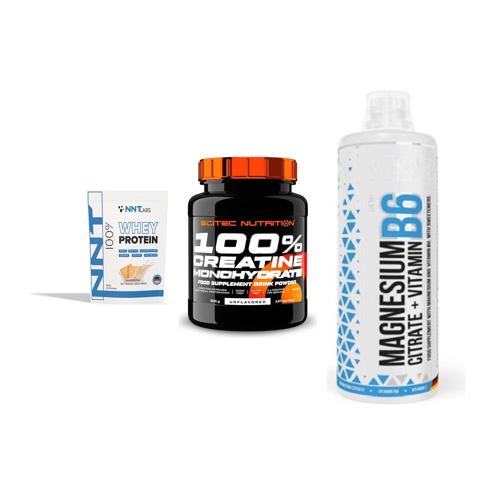 Einsteiger-Set: NNT Whey + Scitec Creatine + MST Magnesium B6 – alle enthaltenen Artikel