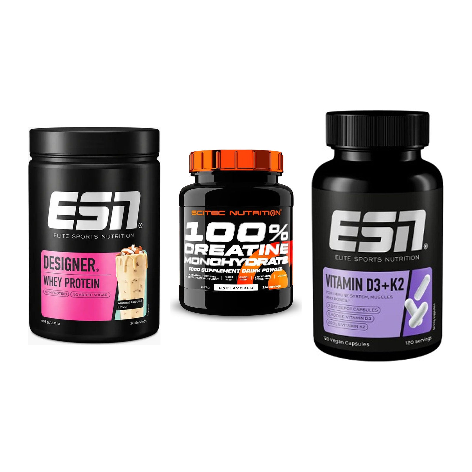 Einsteiger-Set: ESN Designer + Scitec Creatine + ESN Vitamin D3 – alle enthaltenen Artikel