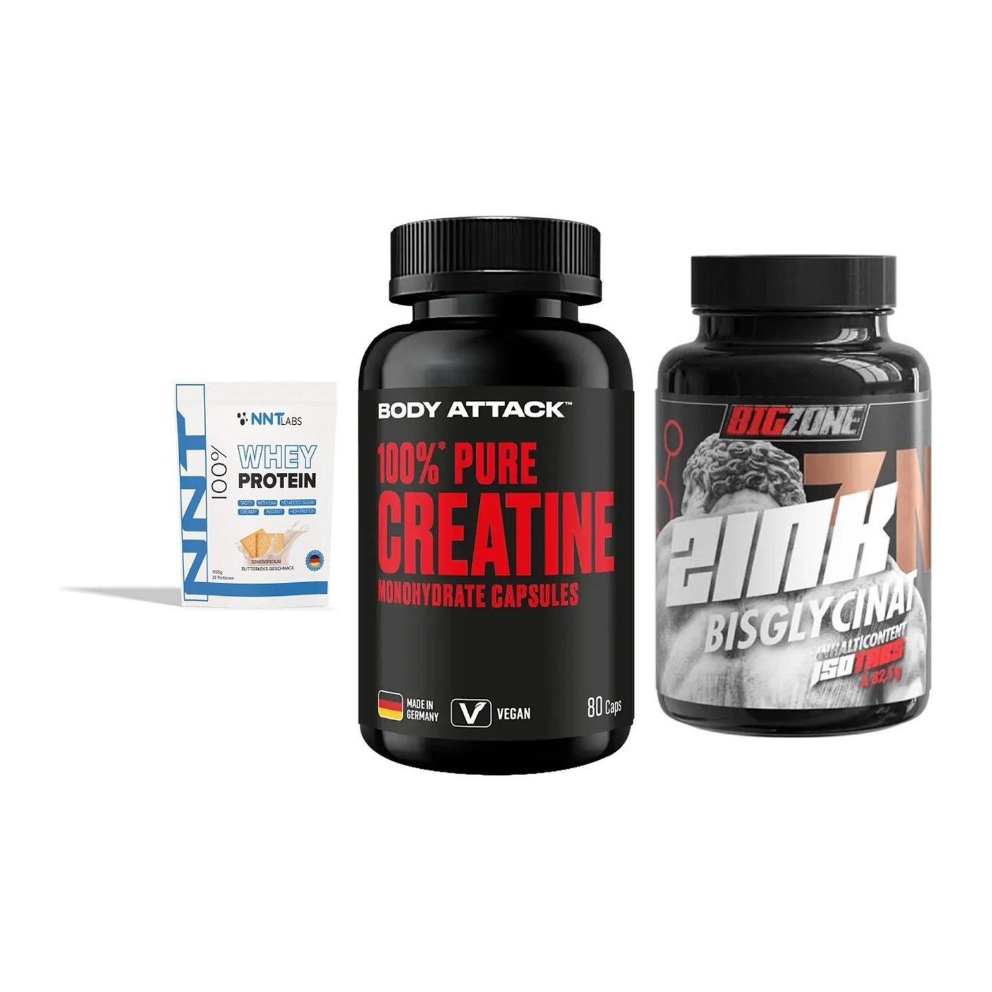 Einsteiger-Set: NNT Whey + Body Attack 100% + Big Zone Zink – alle enthaltenen Artikel