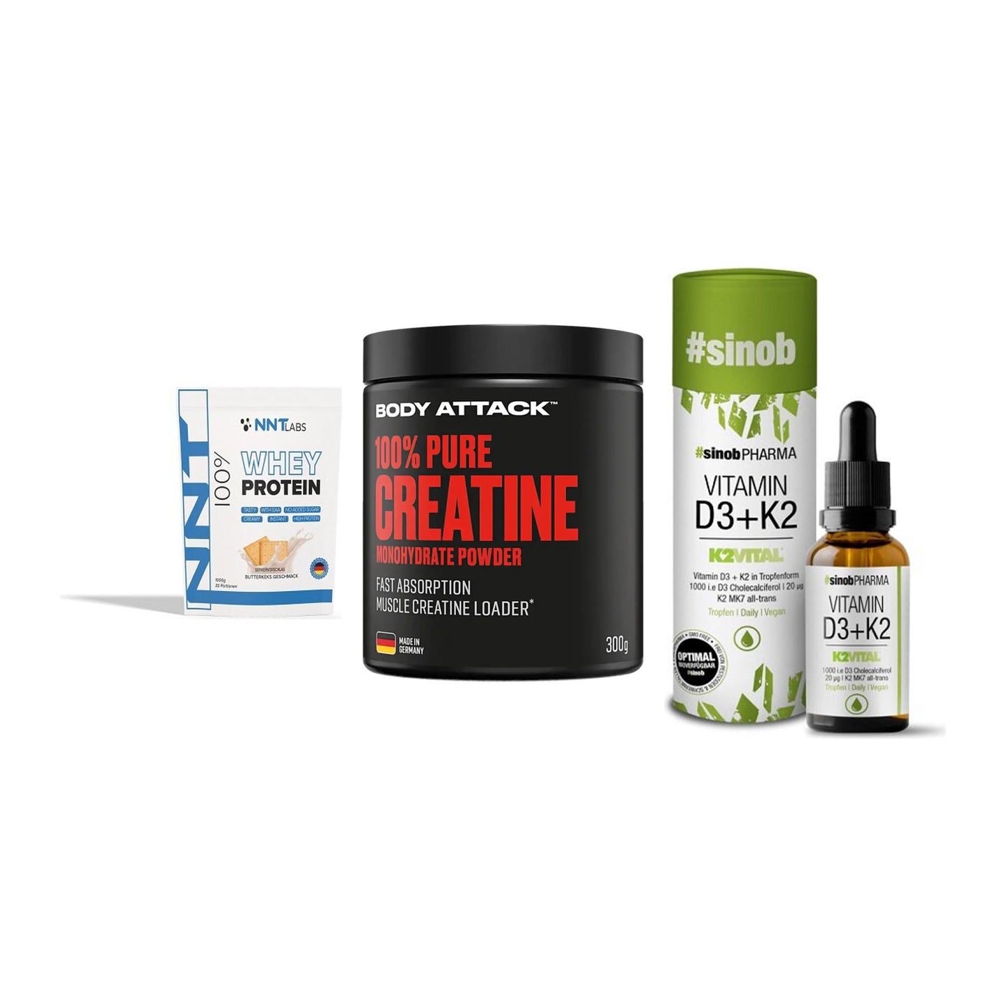 Einsteiger-Set: NNT Whey + Body Attack 100% + Sinob Vitamin D3 – alle enthaltenen Artikel