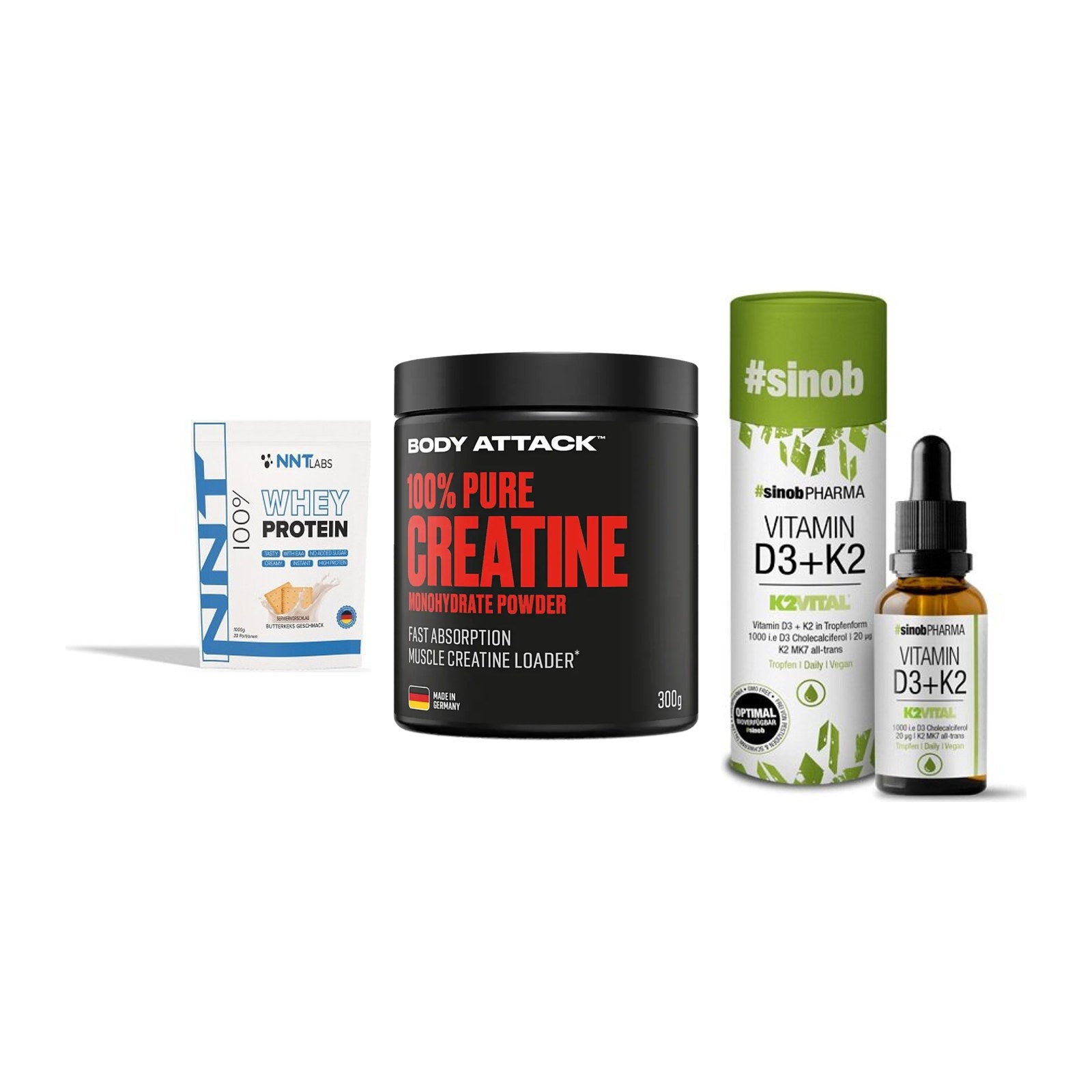 Einsteiger-Set: NNT Whey + Body Attack 100% + Sinob Vitamin D3 – alle enthaltenen Artikel