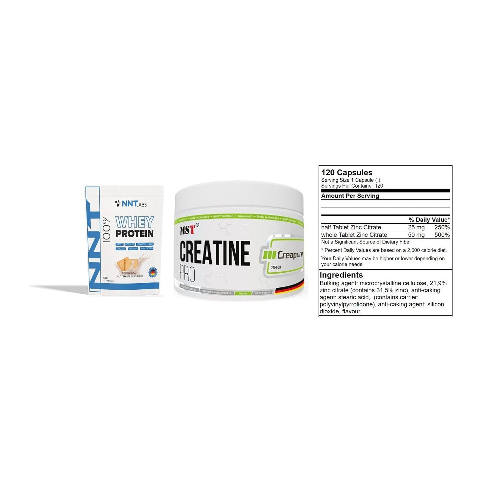 Einsteiger-Set: NNT Whey + MST Creatin Pro + GN Zinc Citrate – alle enthaltenen Artikel