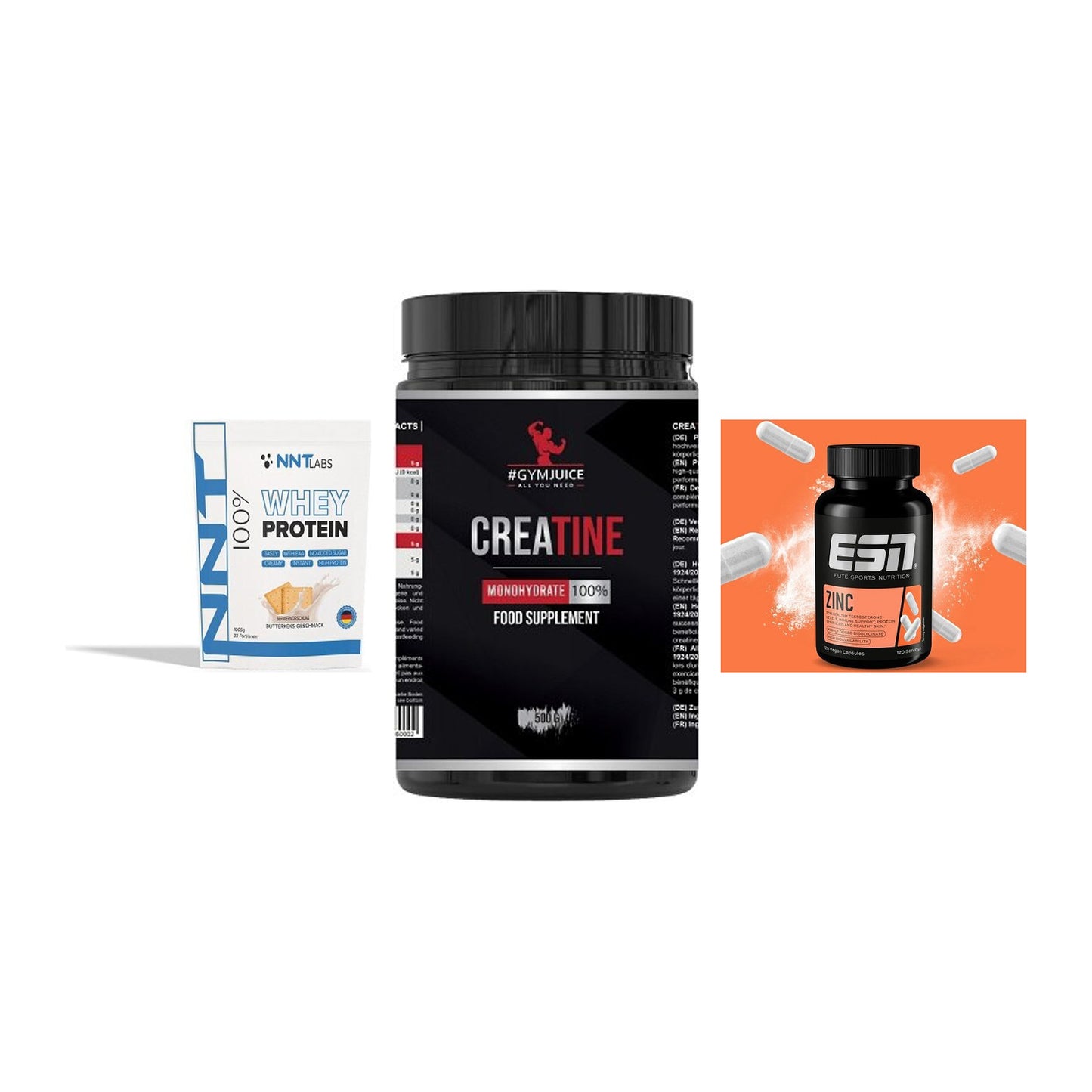 Einsteiger-Set: NNT Whey + #GYMJUICE Creatine Monohydrate + ESN Zinc – alle enthaltenen Artikel