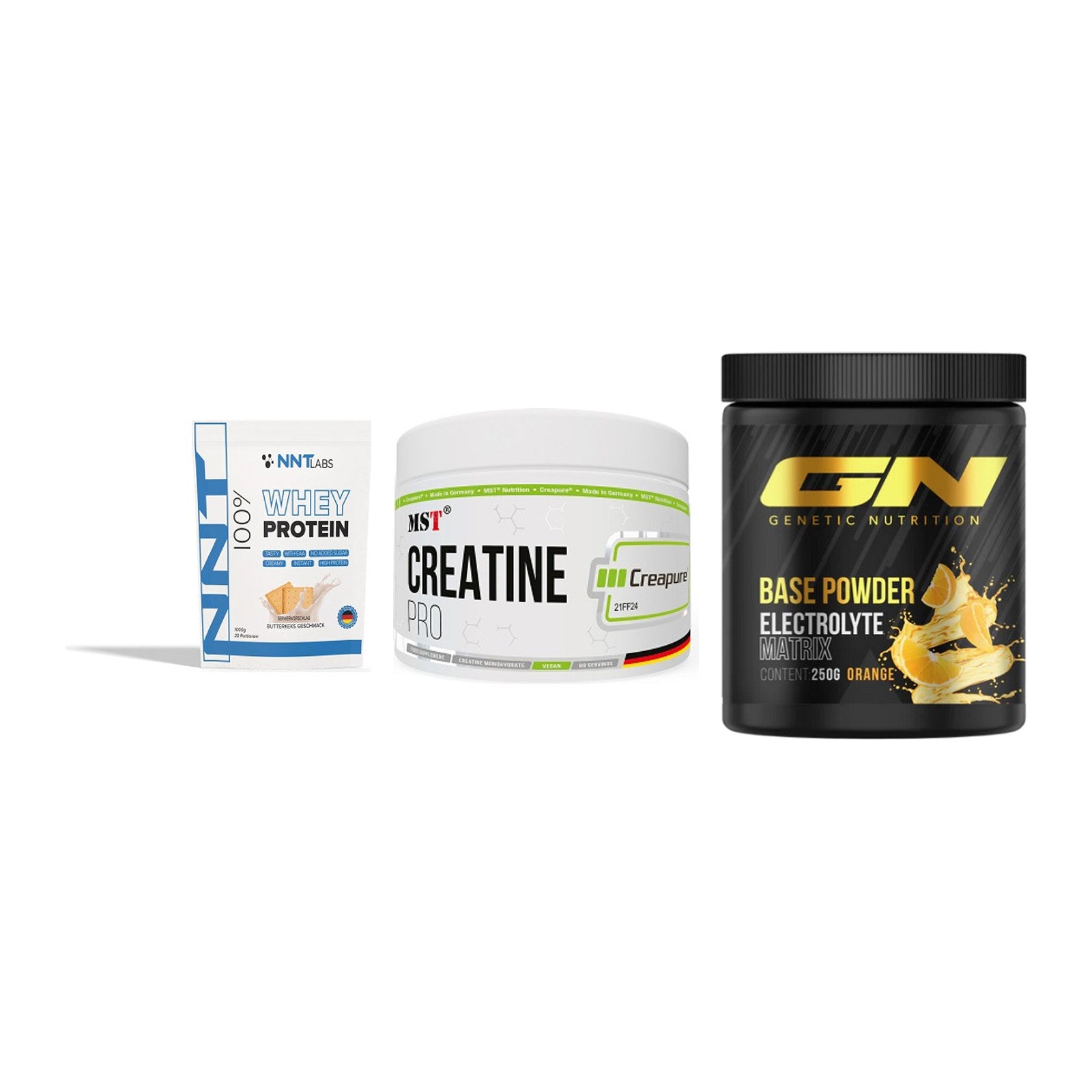Einsteiger-Set: NNT Whey + MST Creatin Pro CREAPURE + GN Base Powder – alle enthaltenen Artikel