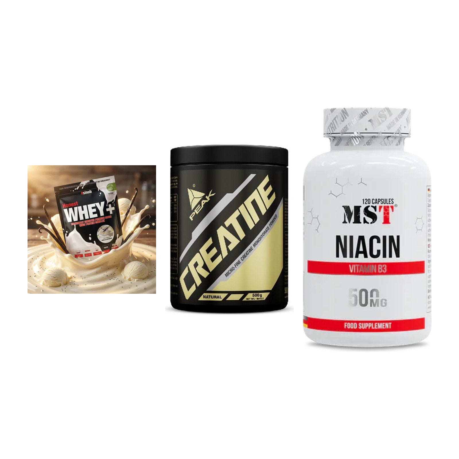 Einsteiger-Set: Sinob Honest Whey+ + Peak Creatin Powder + MST Niacin – alle enthaltenen Artikel