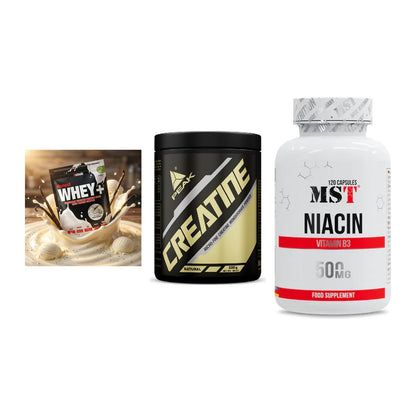 Einsteiger-Set: Sinob Honest Whey+ + Peak Creatin Powder + MST Niacin – alle enthaltenen Artikel