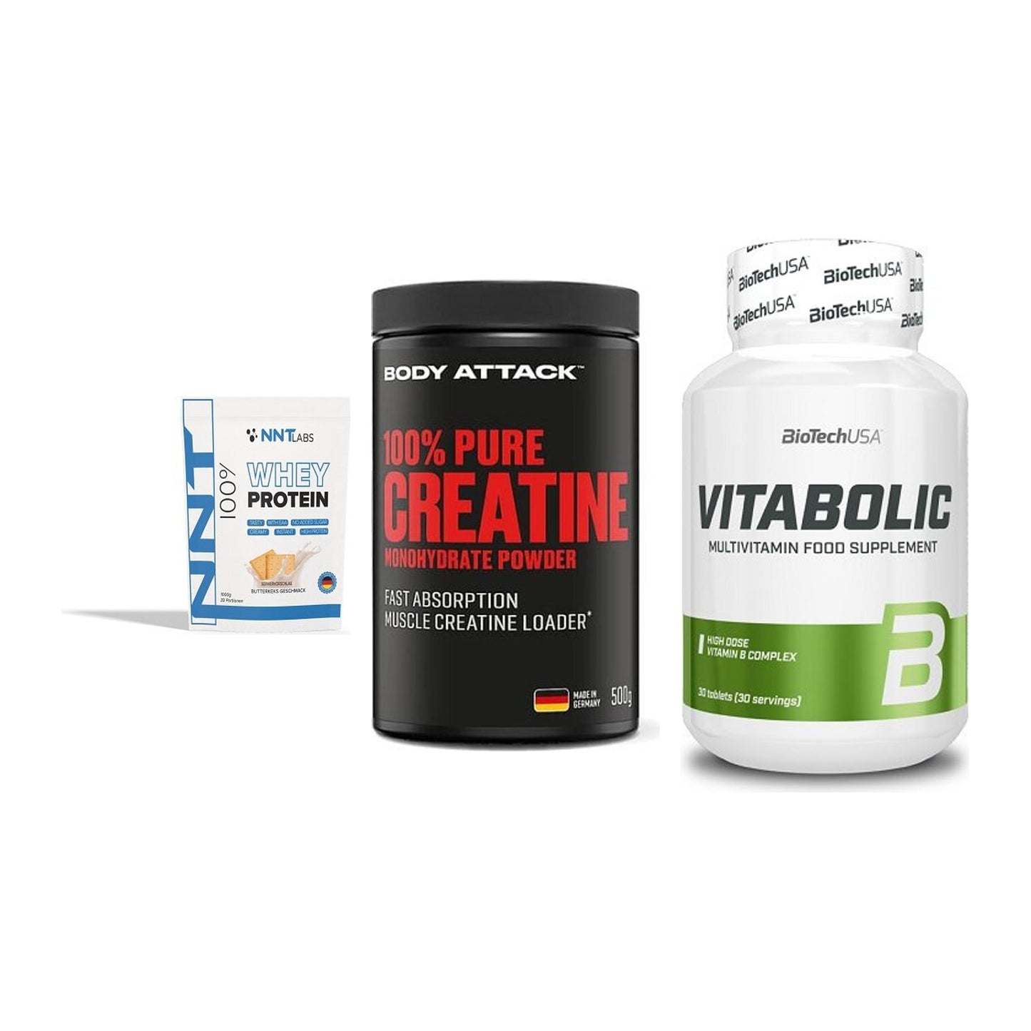 Einsteiger-Set: NNT Whey + Body Attack 100% + BioTech Vitaboli – alle enthaltenen Artikel