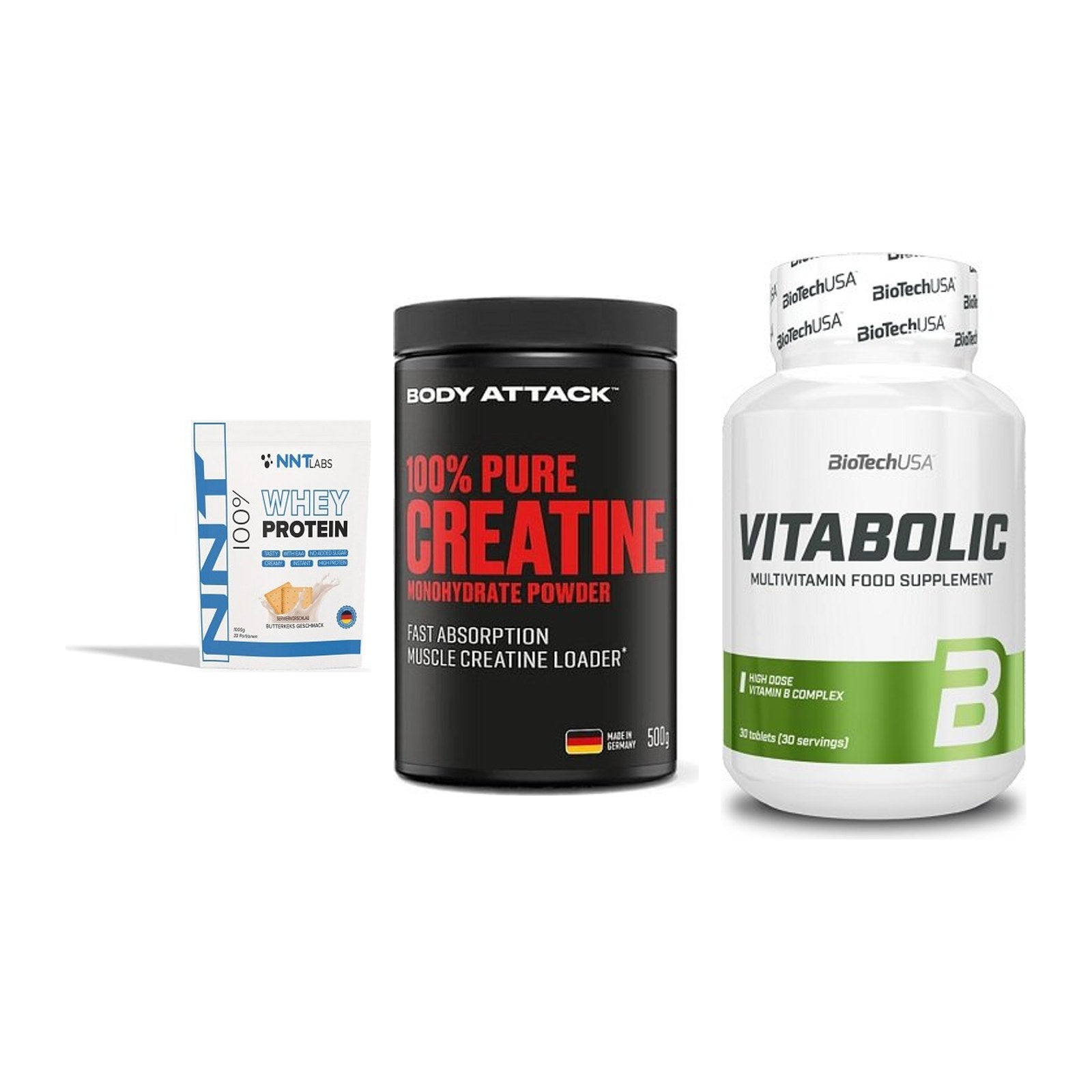 Einsteiger-Set: NNT Whey + Body Attack 100% + BioTech Vitaboli – alle enthaltenen Artikel