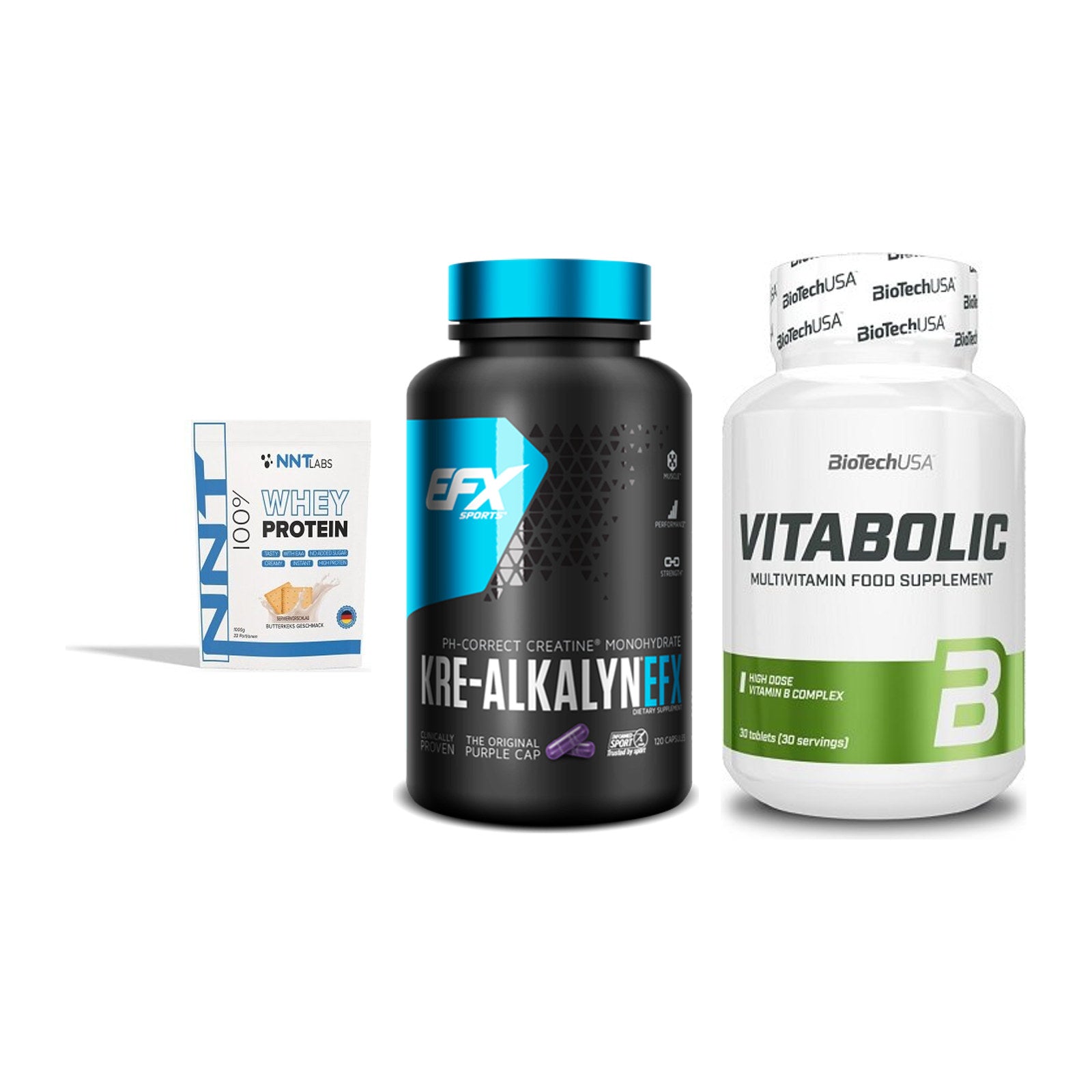 Einsteiger-Set: NNT Whey + EFX Kre-Alkalyn + BioTech Vitaboli – alle enthaltenen Artikel