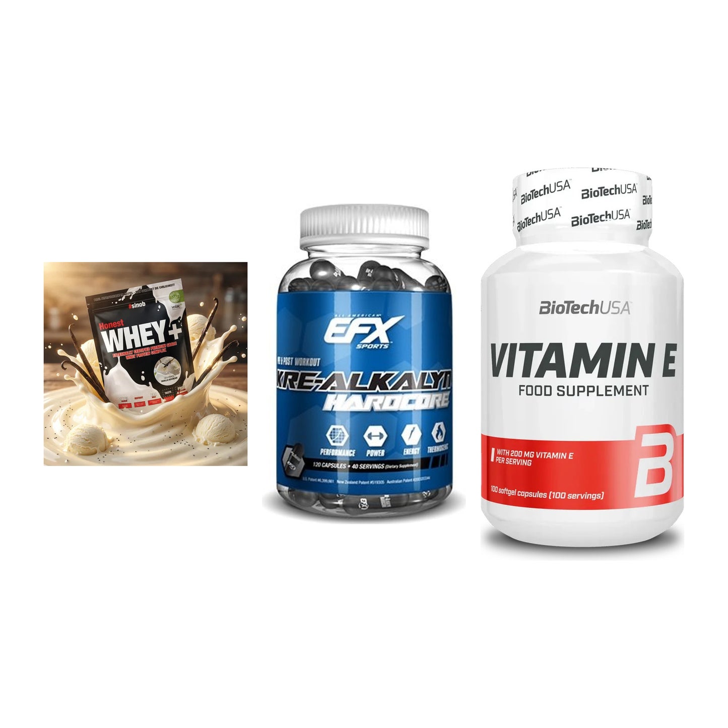 Einsteiger-Set: Sinob Honest + EFX Kre-Alkalyn + BioTech Vitamin – alle enthaltenen Artikel