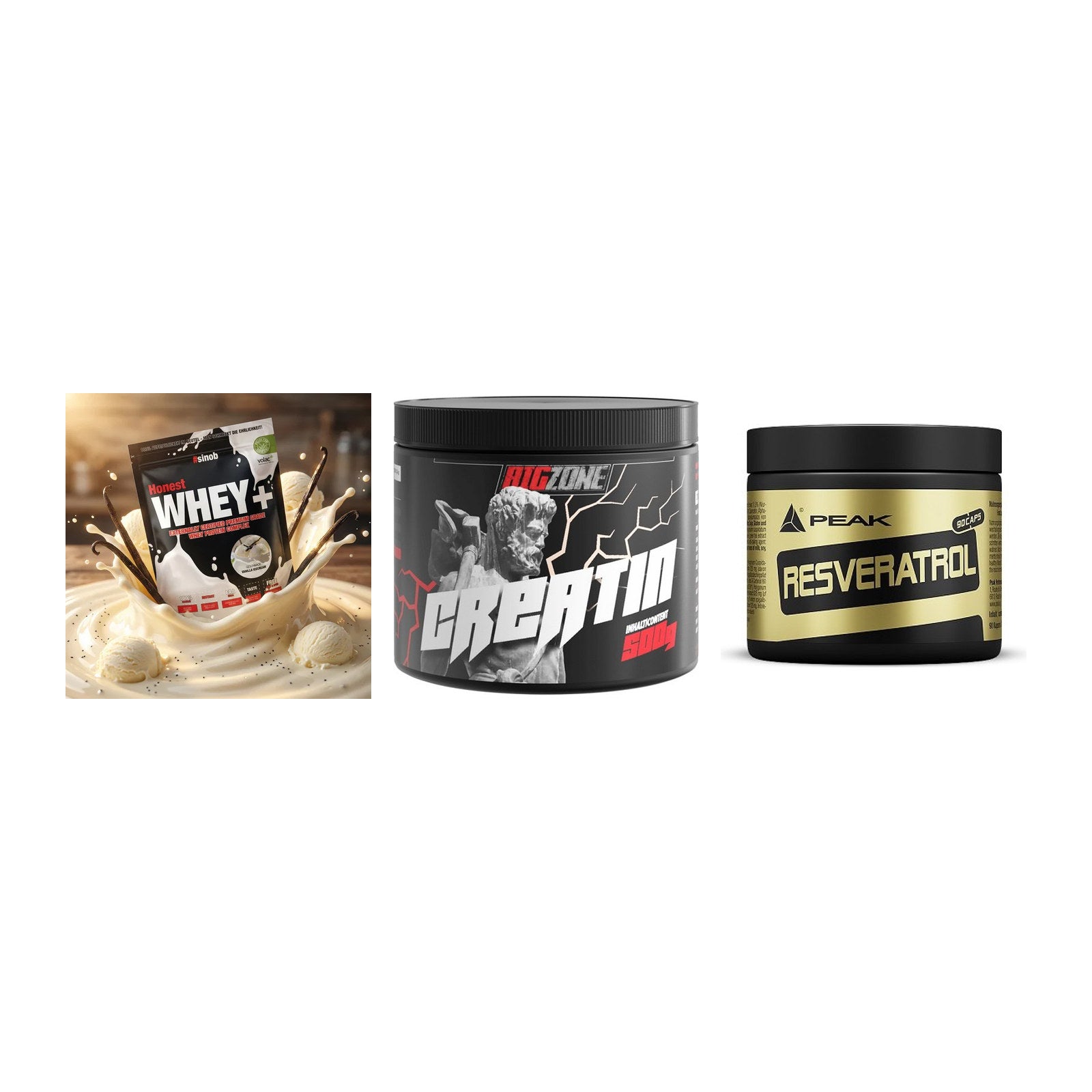 Einsteiger-Set: Sinob Honest + Big Zone Creatin + Peak Resveratrol – alle enthaltenen Artikel