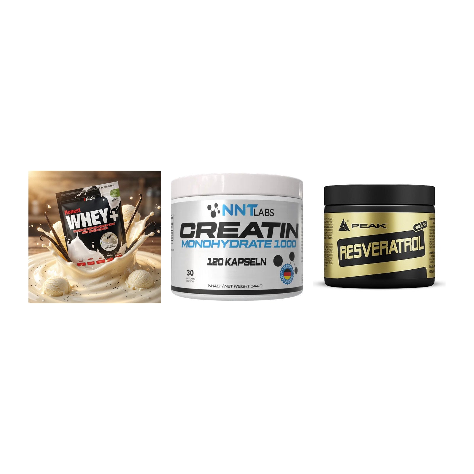 Einsteiger-Set: Sinob Honest + NNT Creatin 1000 + Peak Resveratrol – alle enthaltenen Artikel