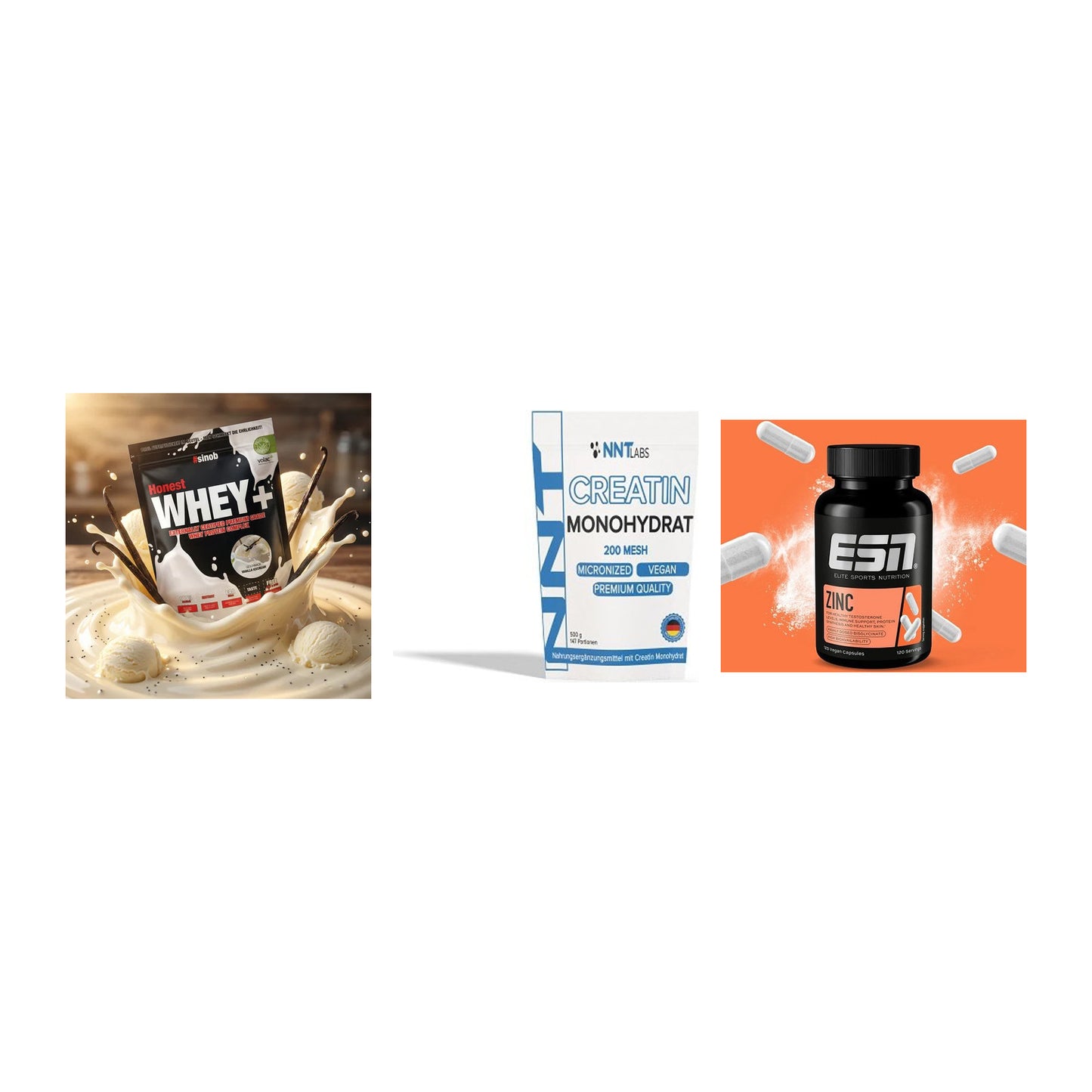 Einsteiger-Set: Sinob Honest Whey+ + NNT Creatin Monohydrat + ESN Zinc – alle enthaltenen Artikel