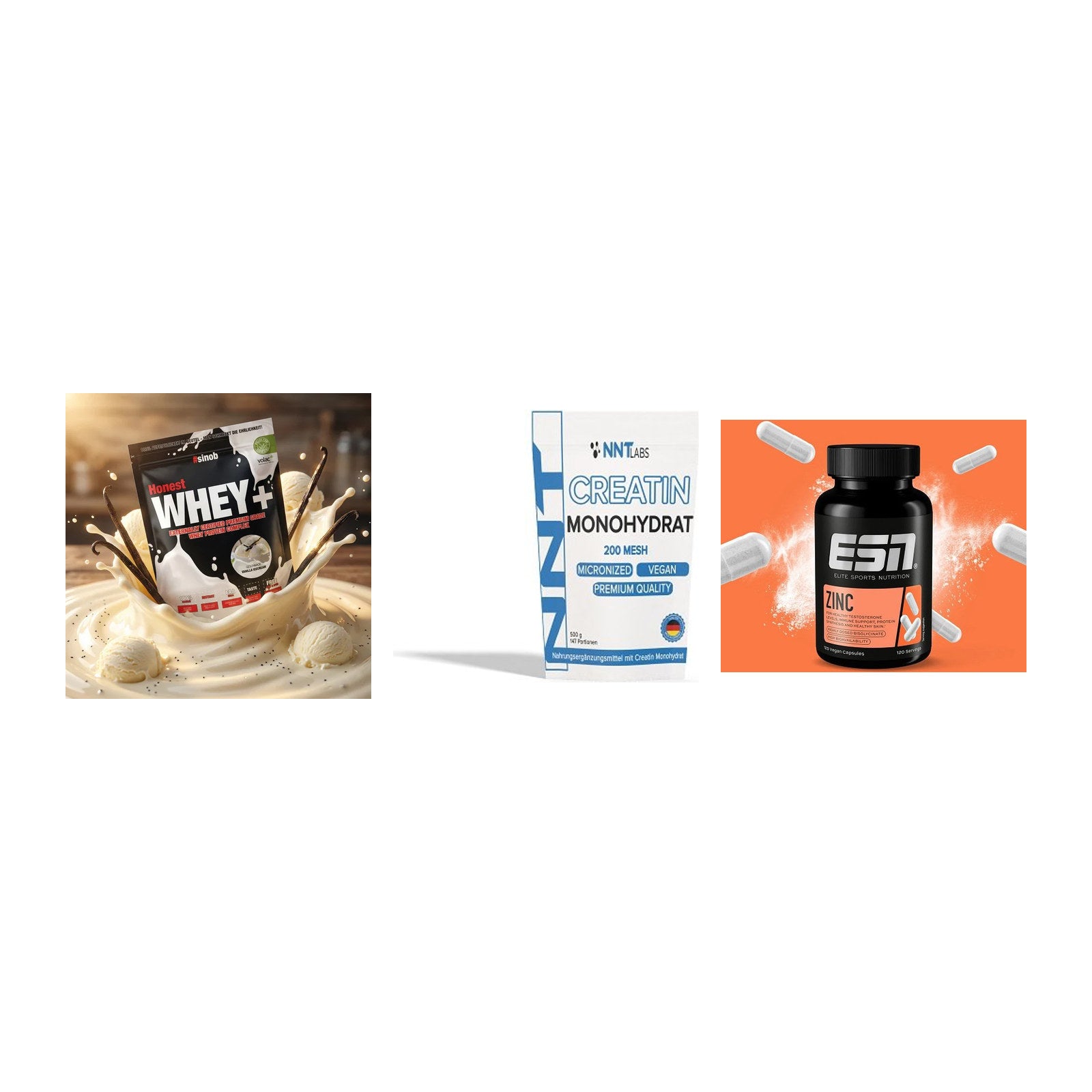 Einsteiger-Set: Sinob Honest Whey+ + NNT Creatin Monohydrat + ESN Zinc – alle enthaltenen Artikel